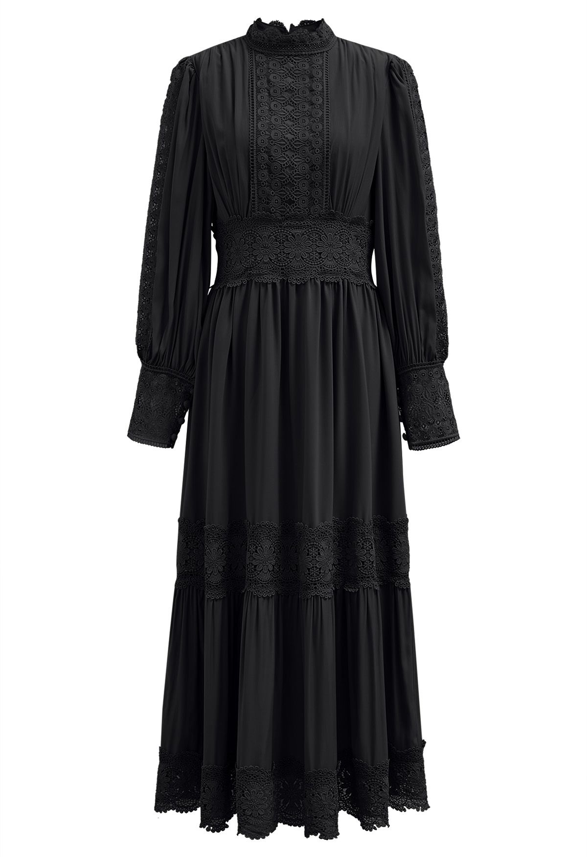 Victorian Elegance Cutwork Lace Maxi Dress in Black