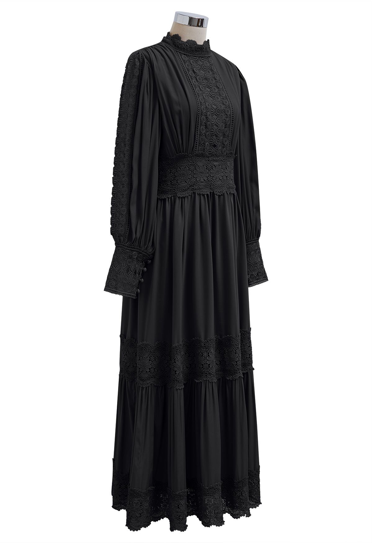 Victorian Elegance Cutwork Lace Maxi Dress in Black