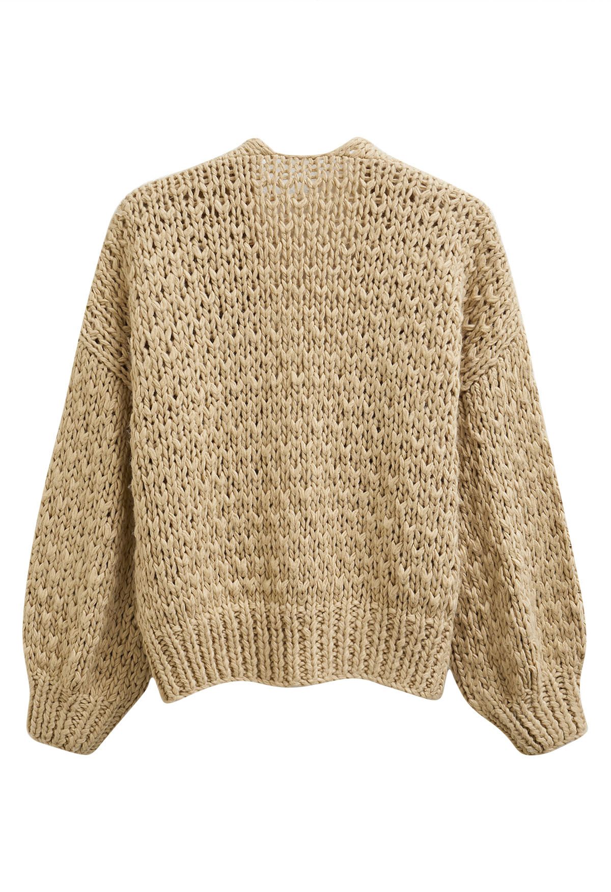 Chunky Hand Knit Patch Pocket Open Front Cardigan in Light Tan