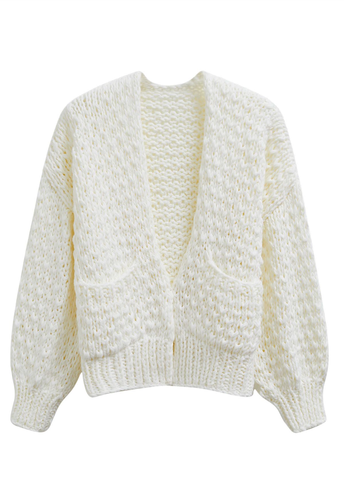 Chunky Hand Knit Patch Pocket Open Front Cardigan in White