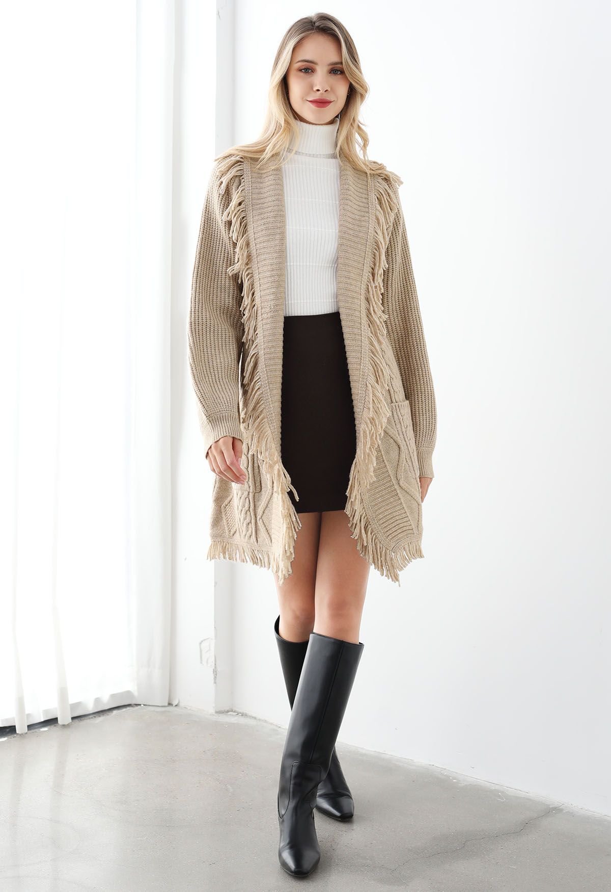 Fringe Trim Cable Knit Belted Cardigan in Oatmeal