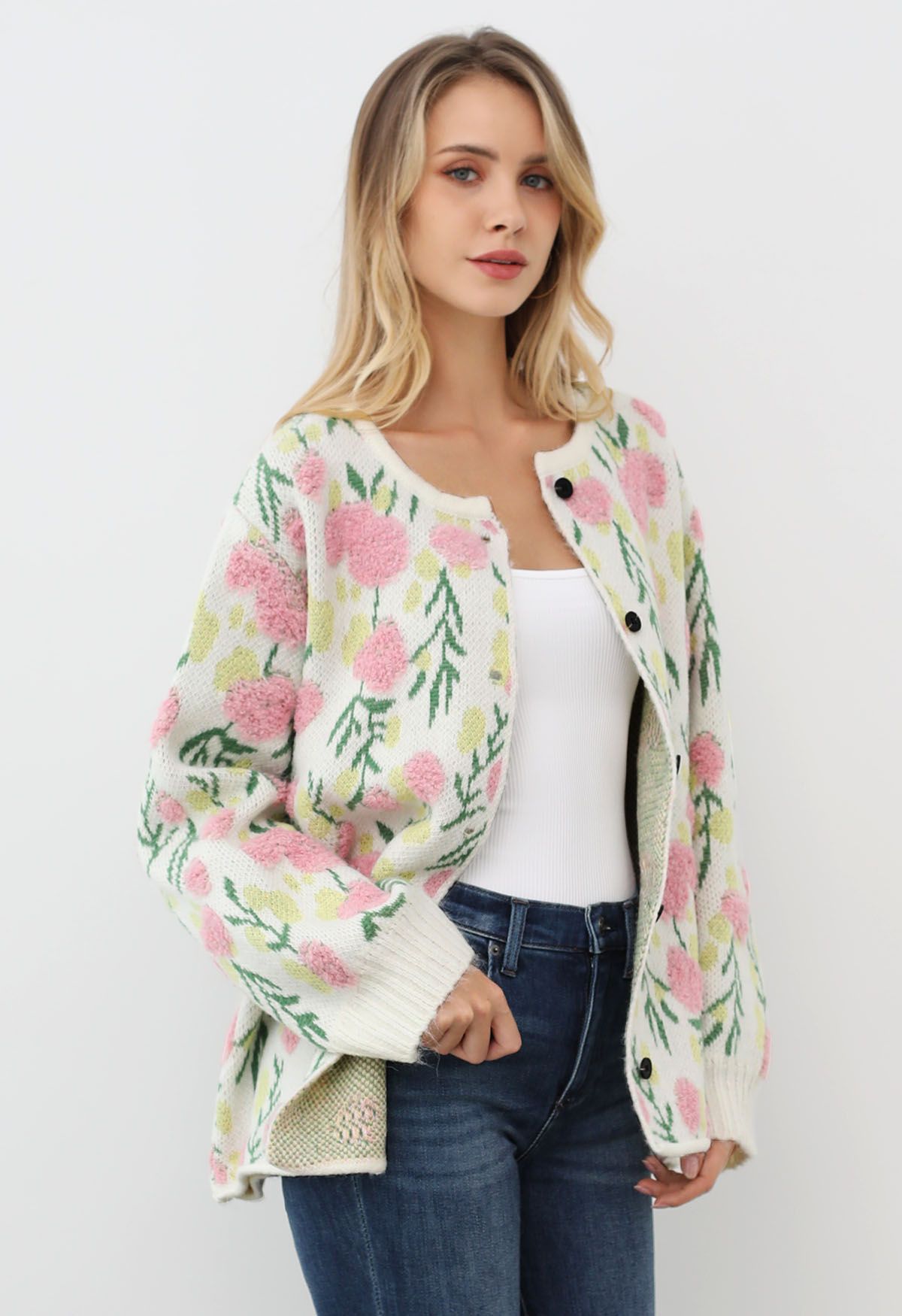 Pink Flowers Intarsia Jacquard Knit Buttoned Cardigan