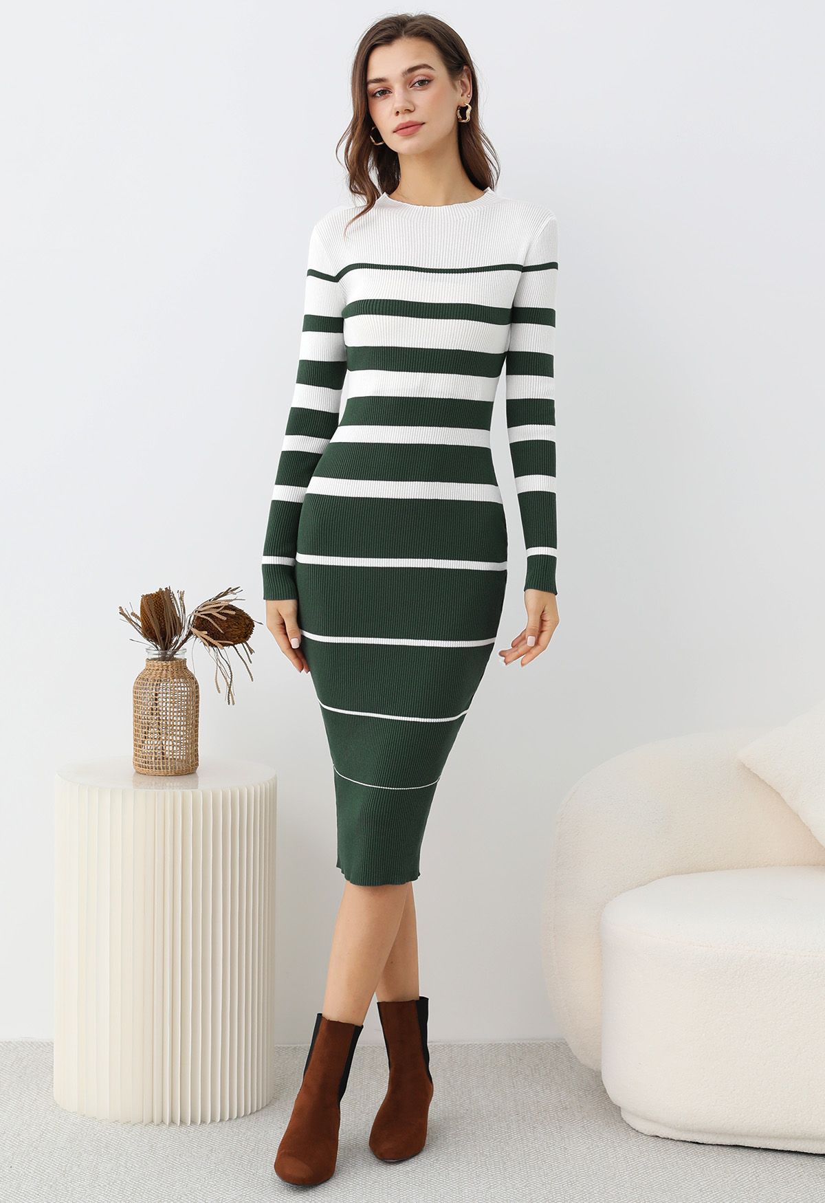 Color Block Stripe Bodycon Knit Midi Dress in Dark Green