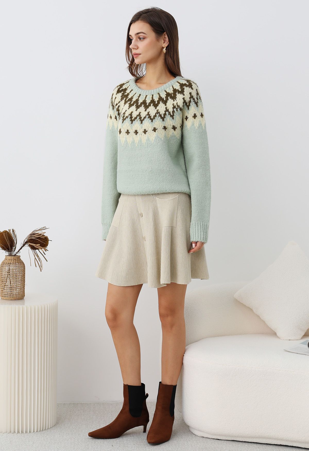 Winter Whimsy Fair Isle Ribbed Knit Sweater in Mint