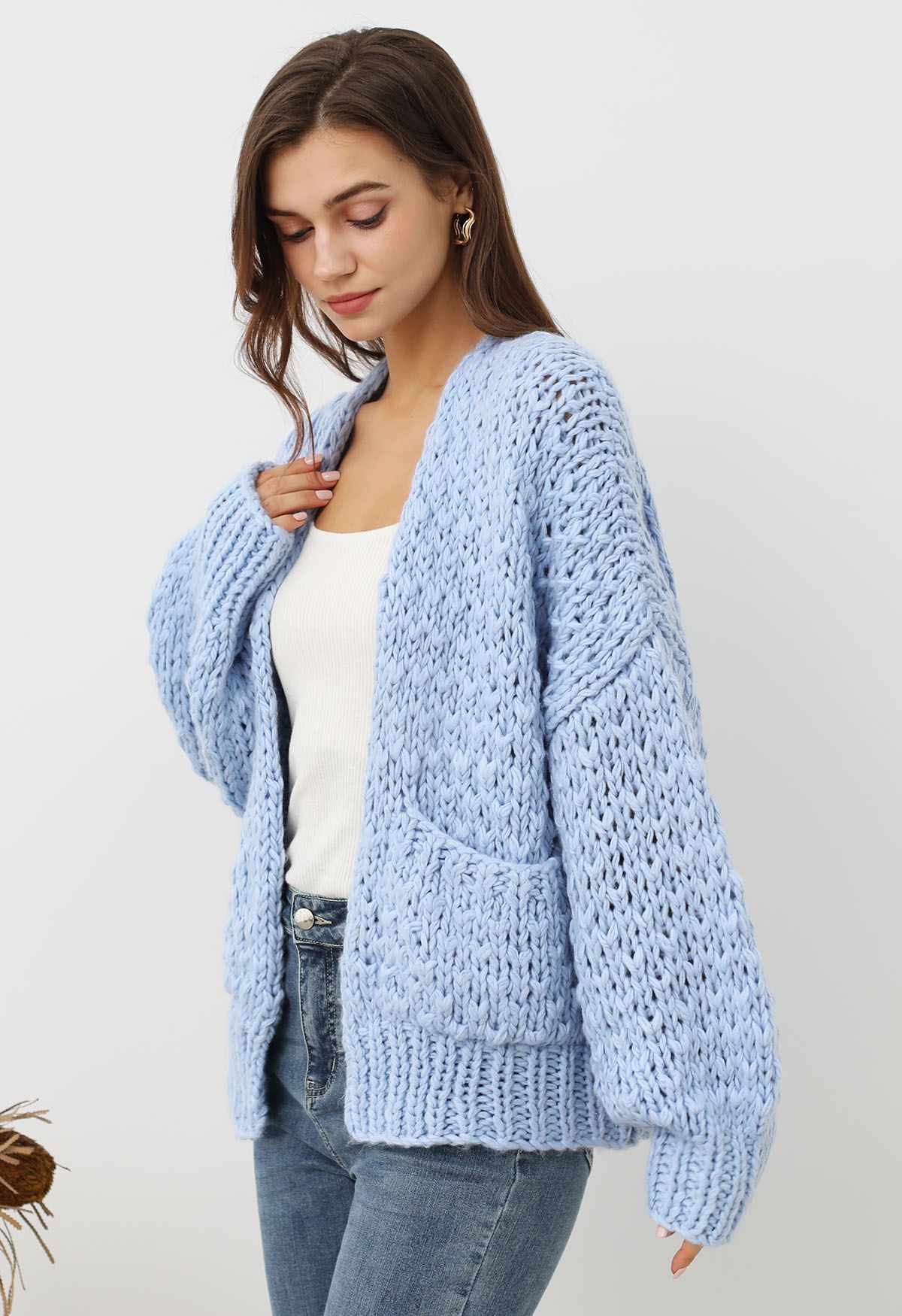 Chunky Hand Knit Patch Pocket Open Front Cardigan in Baby Blue