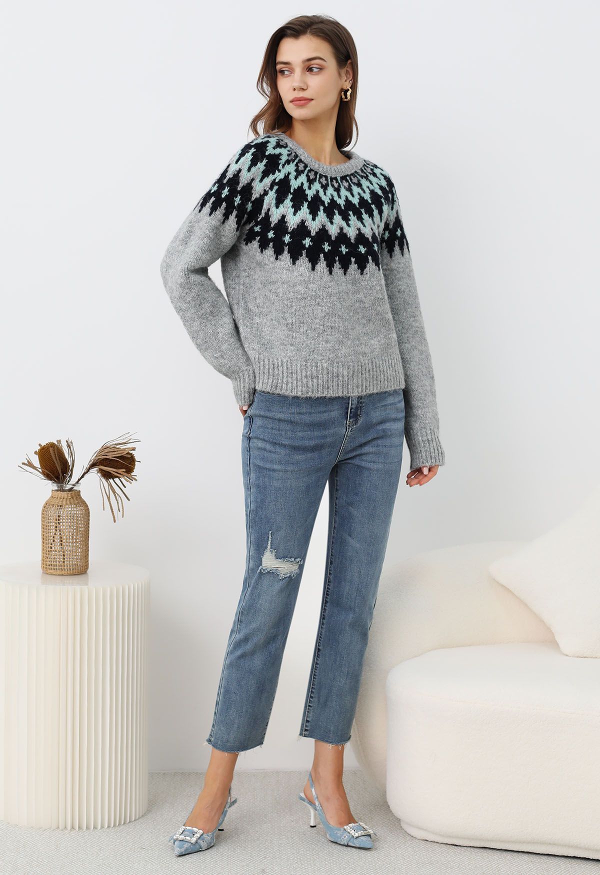 Winter Whimsy Fair Isle Ribbed Knit Sweater in Grey