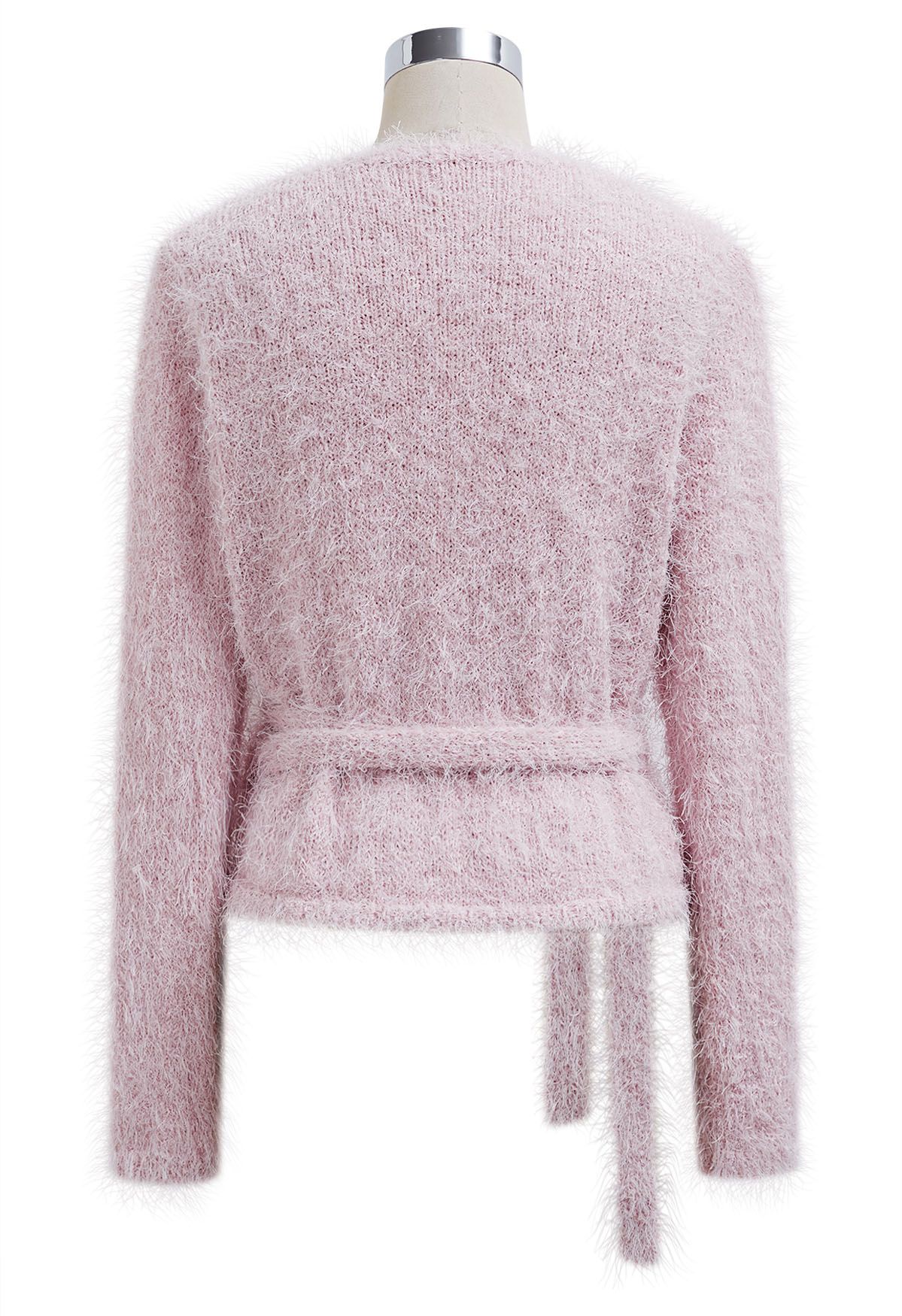 Wrap V-Neck Tie-Waist Fuzzy Knit Top in Light Pink