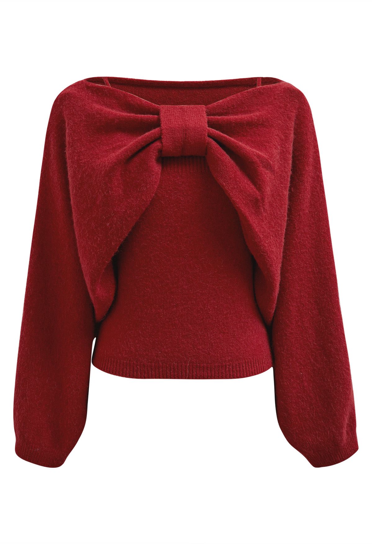 Mesmerizing Bowknot Cami Top and Sweater Set in Red