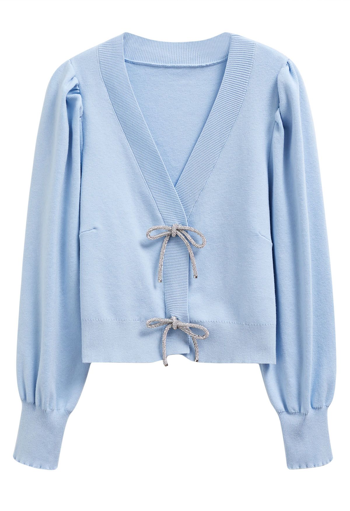 Sparkling Bowknot Buttoned Lantern Sleeve Knit Cardigan in Baby Blue