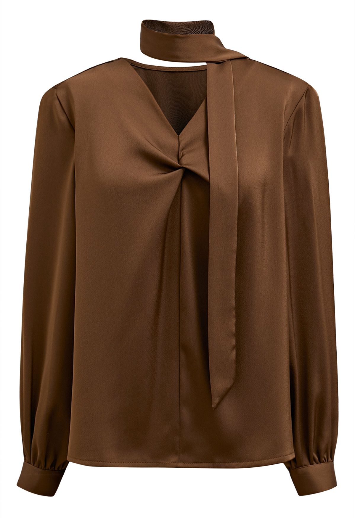 Ribbon V-Neckline Twist Detail Satin Top in Brown