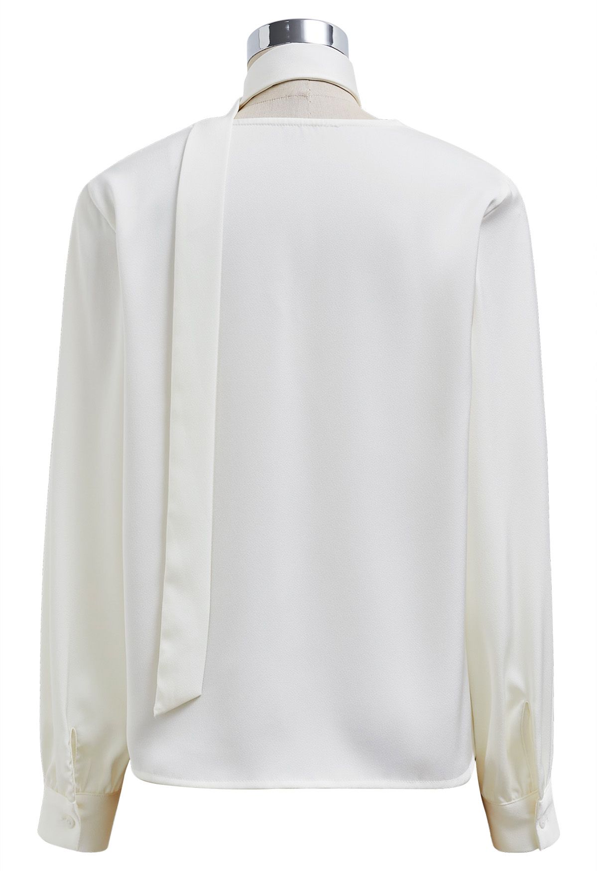 Ribbon V-Neckline Twist Detail Satin Top in Cream