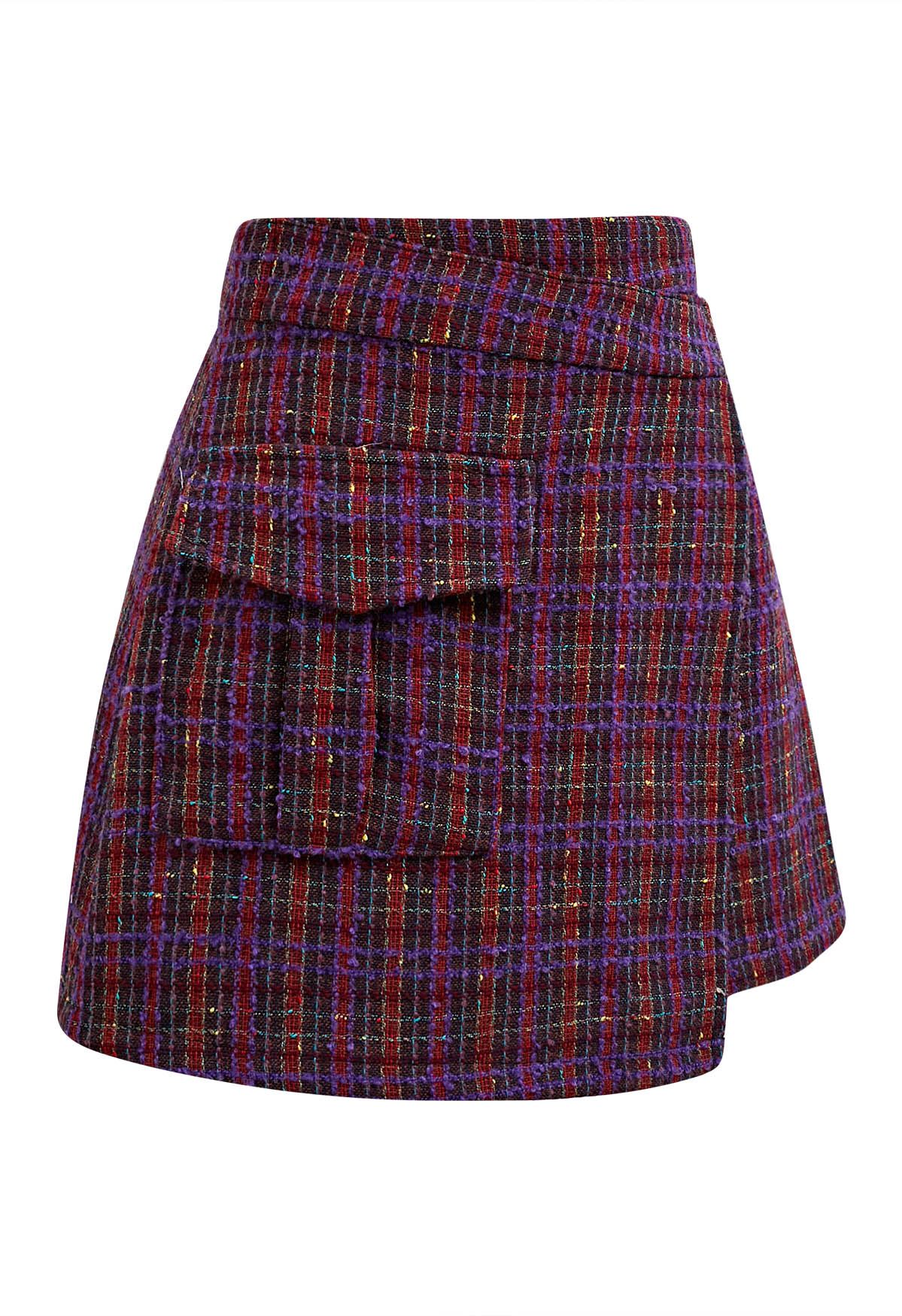 Plaid Tweed Asymmetric Mini Skirt in Purple