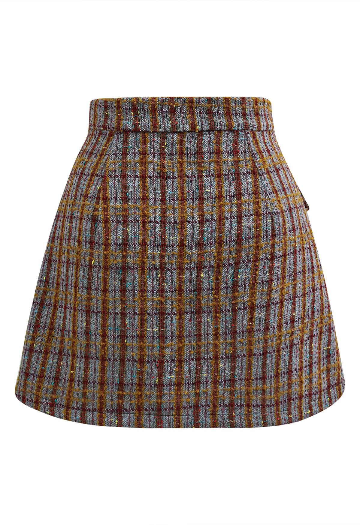 Plaid Tweed Asymmetric Mini Skirt in Blue