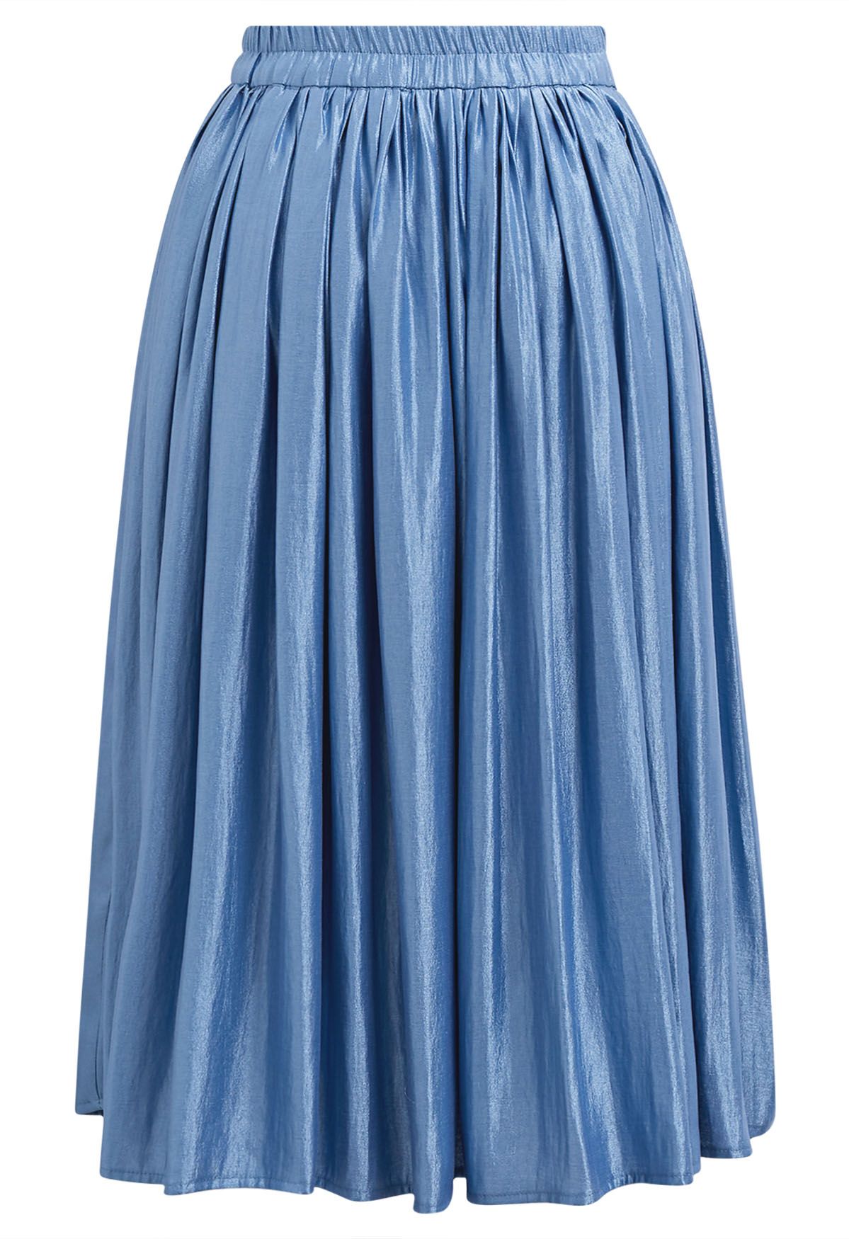 Glossy Blue Pleated Midi Skirt