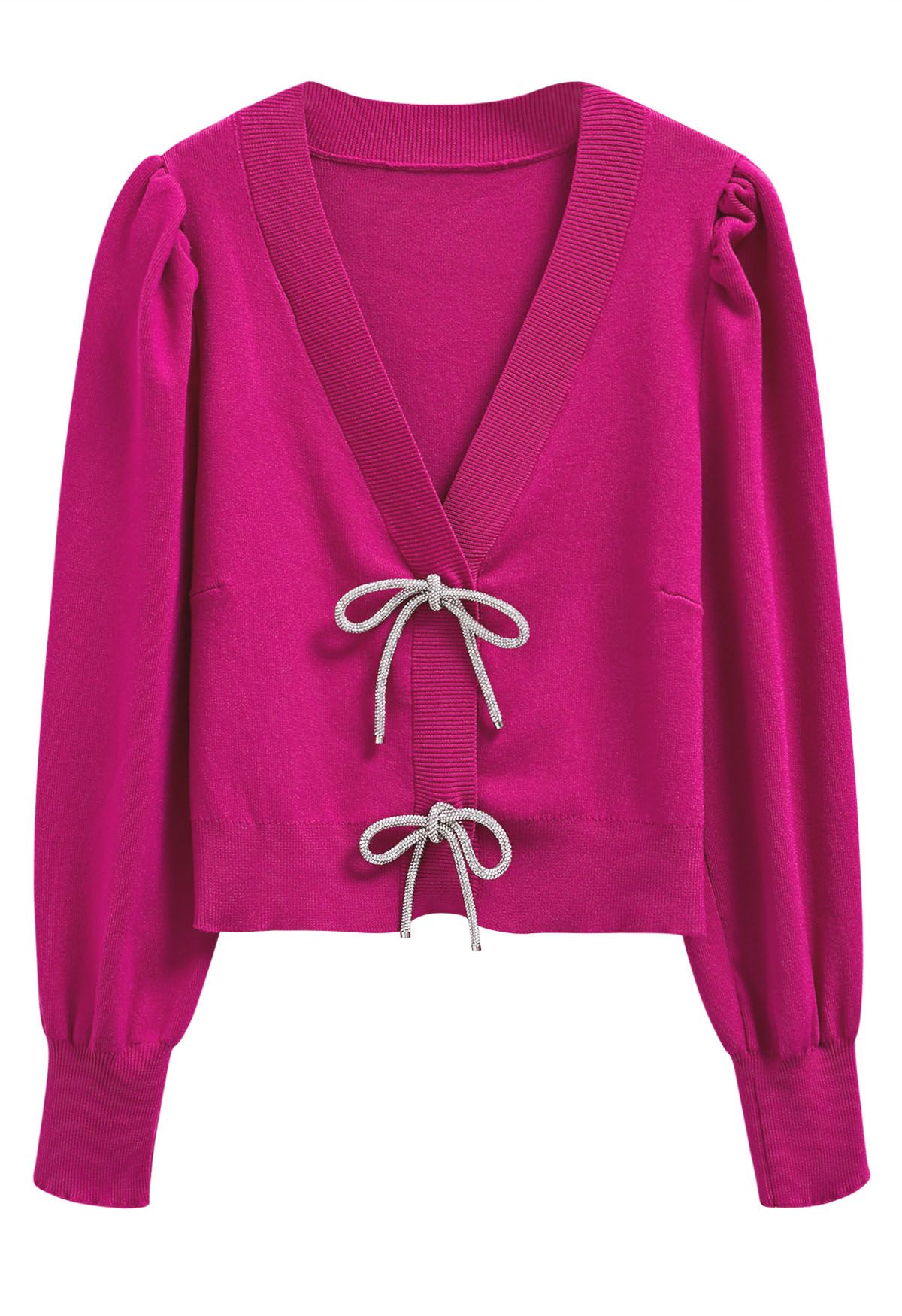 Sparkling Bowknot Buttoned Lantern Sleeve Knit Cardigan in Magenta