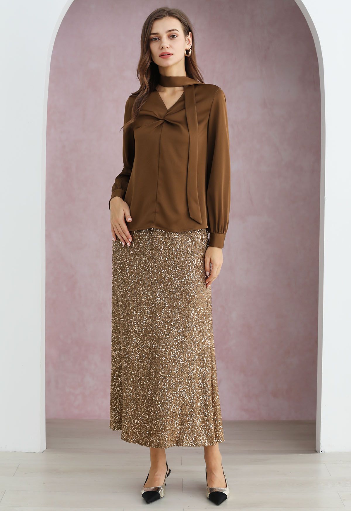 Full Sequin Mermaid Maxi Skirt in Tan