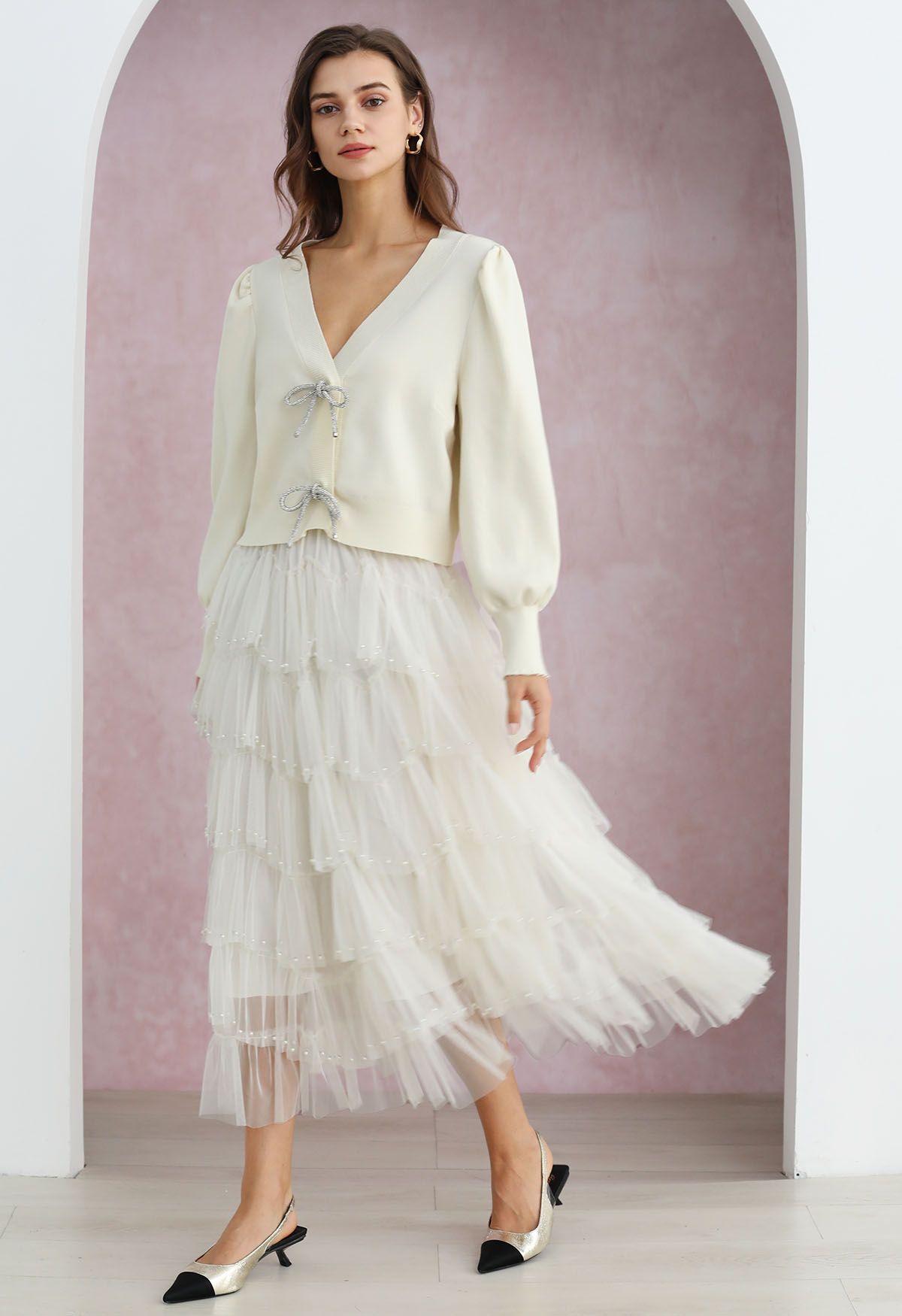 Ethereal Tiered Pearl Tulle Maxi Skirt in White