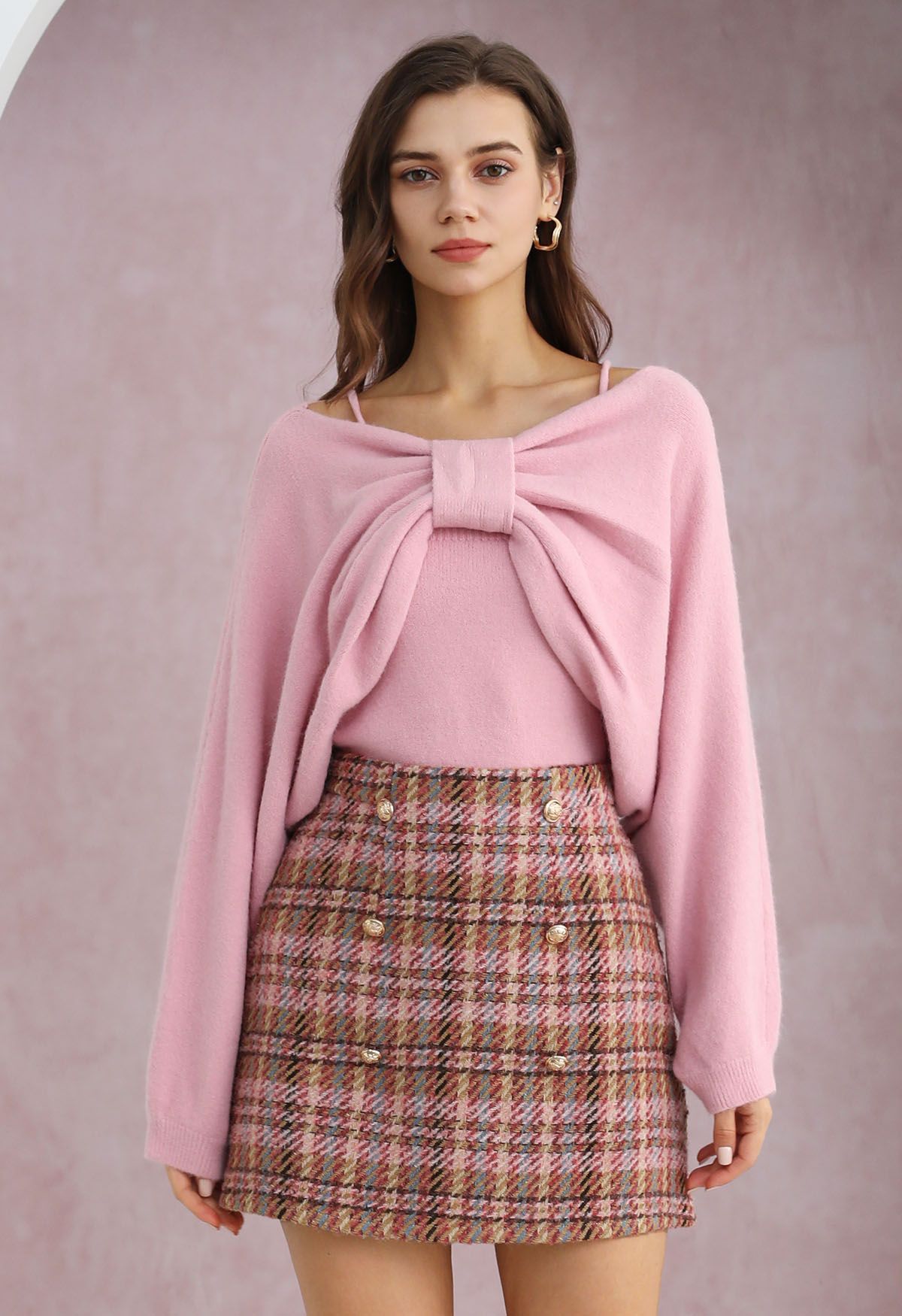 Mesmerizing Bowknot Cami Top and Sweater Set in Pink