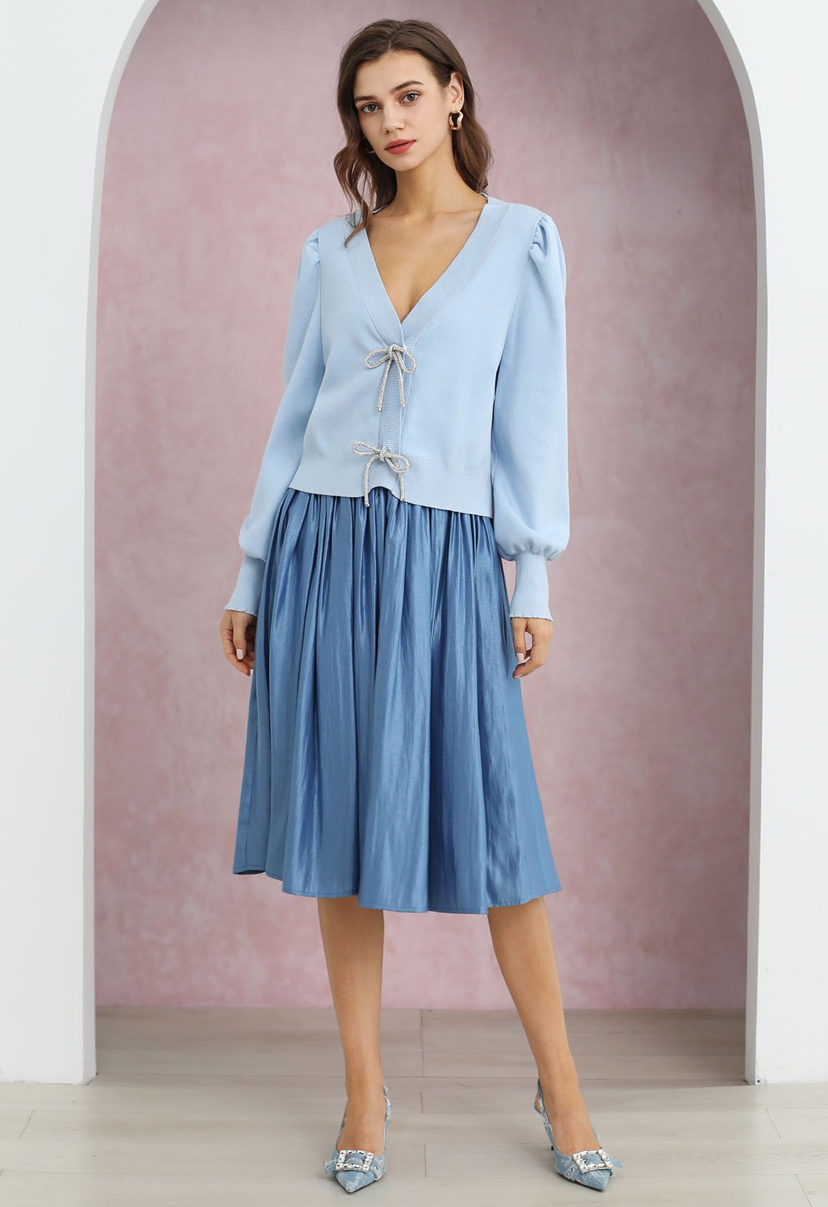 Glossy Blue Pleated Midi Skirt