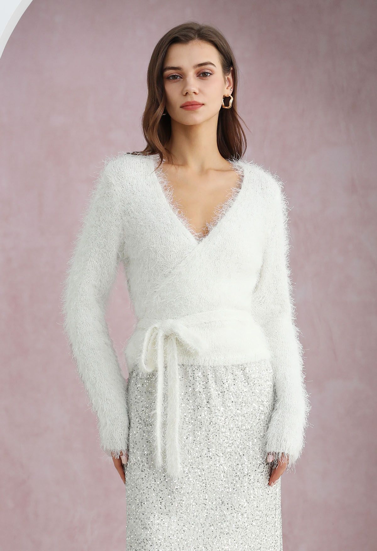 Wrap V-Neck Tie-Waist Fuzzy Knit Top in White