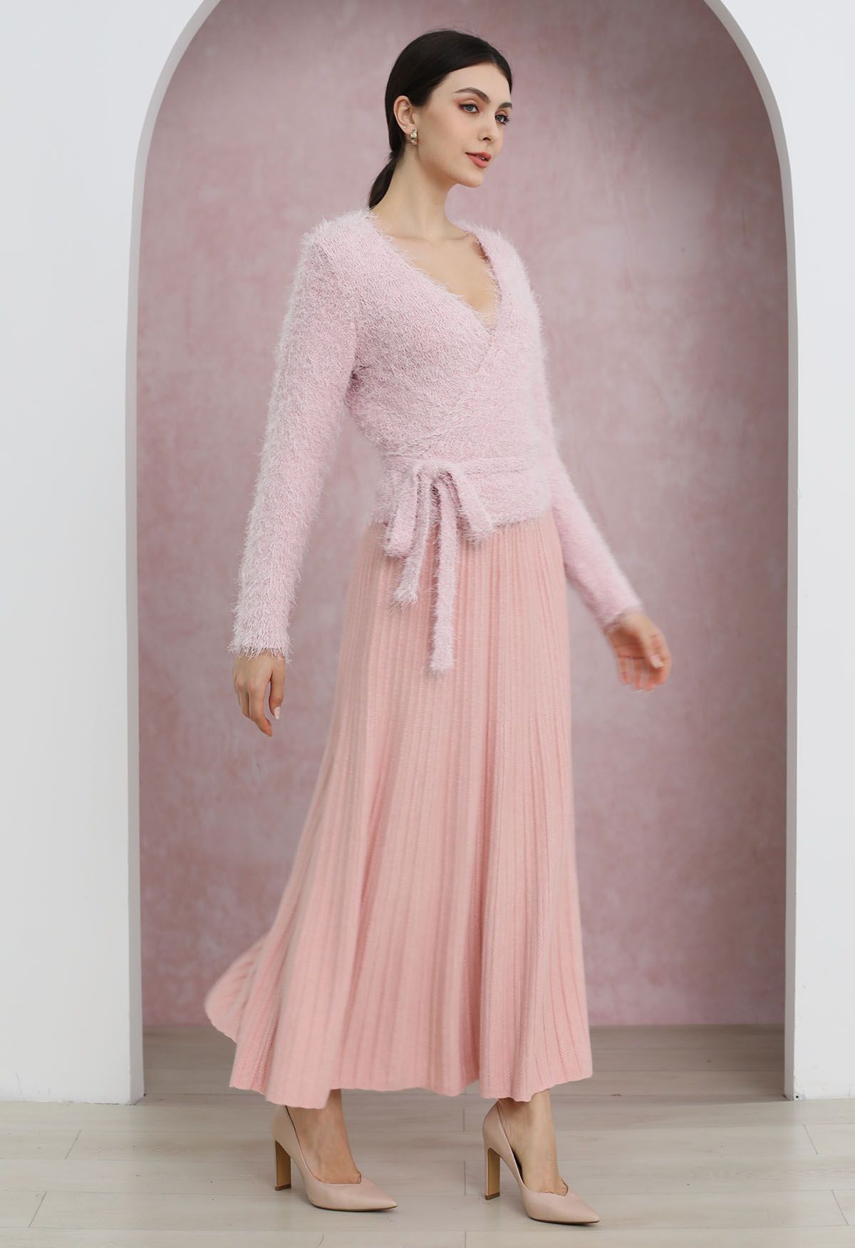 Wrap V-Neck Tie-Waist Fuzzy Knit Top in Light Pink