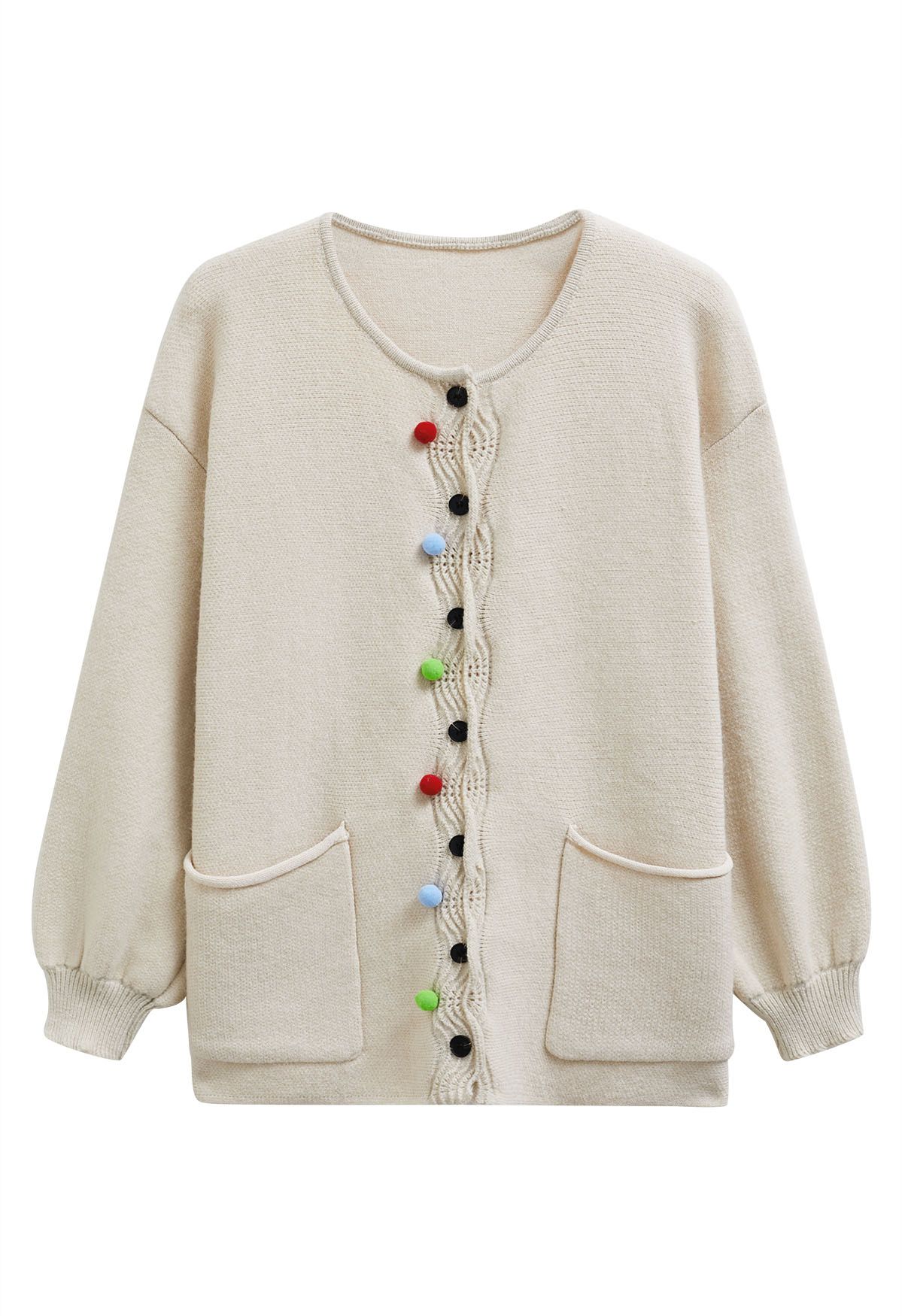 Colorful Pom-Pom Wavy Buttoned Patch Pocket Knit Cardigan in Oatmeal