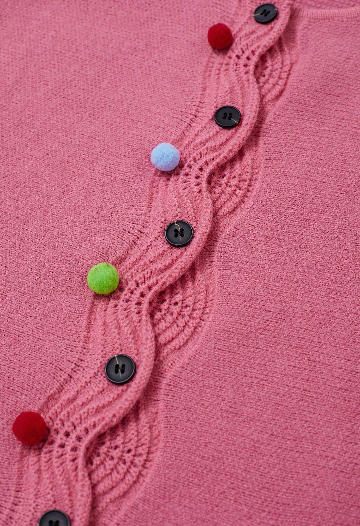 Colorful Pom-Pom Wavy Buttoned Patch Pocket Knit Cardigan in Pink