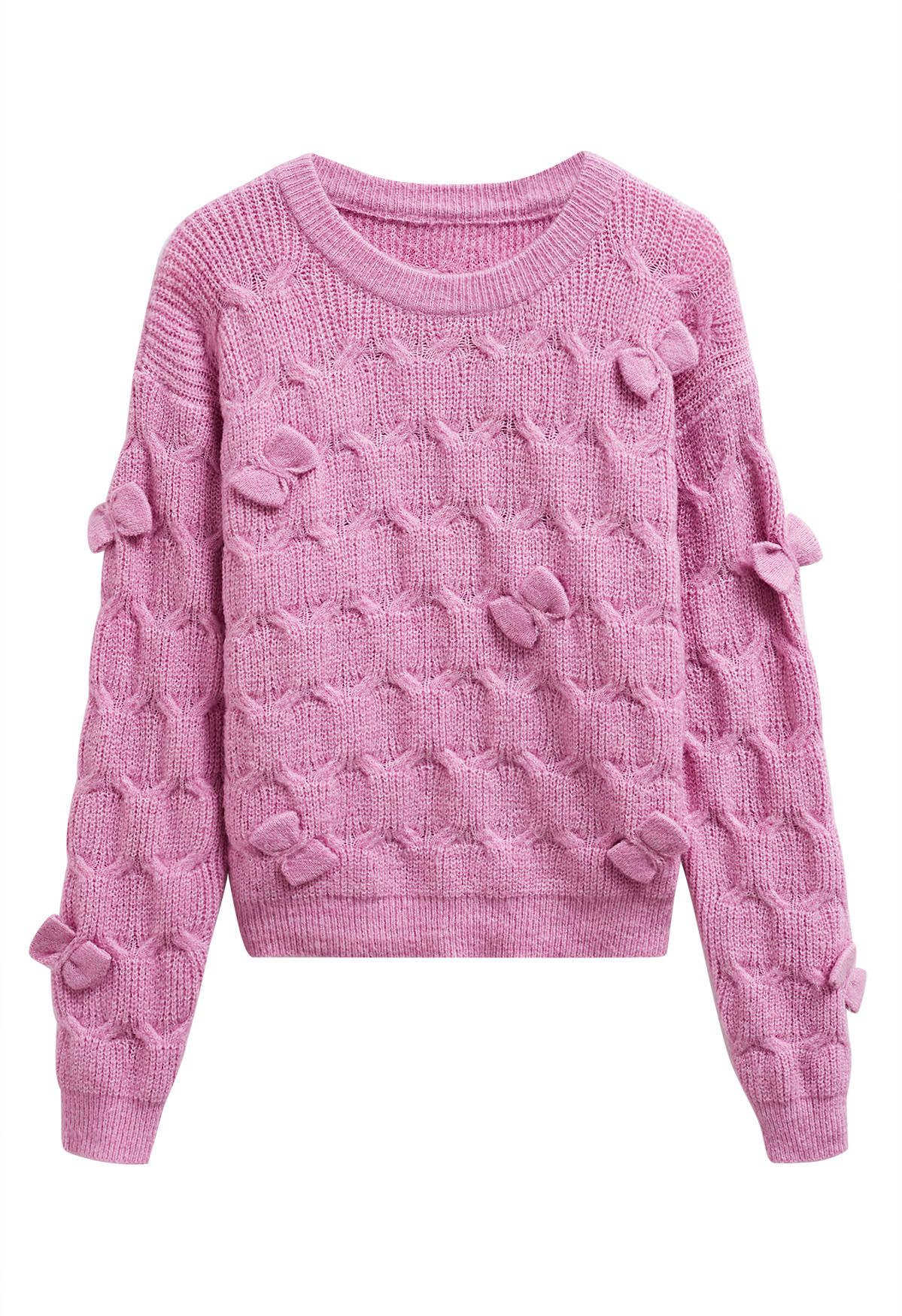 Playful Bow Geometric Textured Knit Sweater in Pink