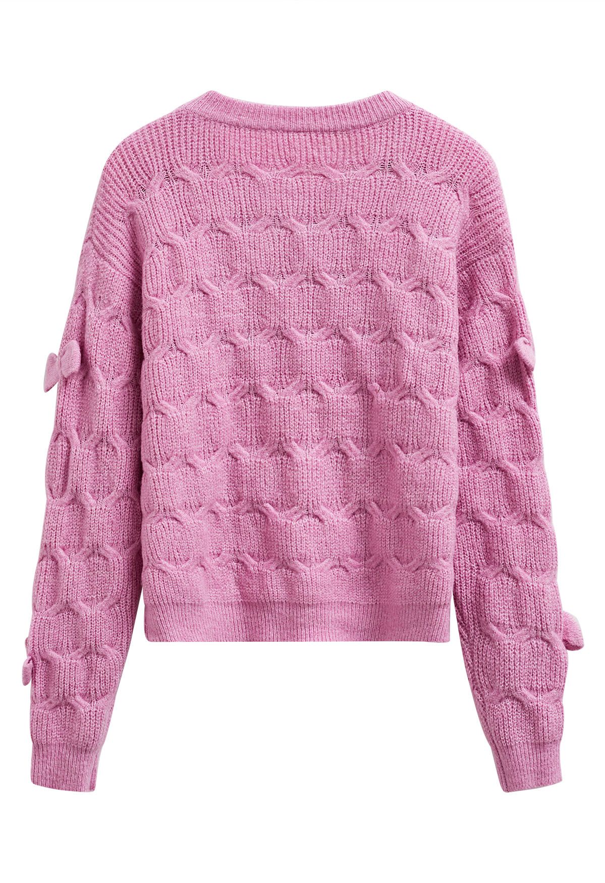 Playful Bow Geometric Textured Knit Sweater in Pink