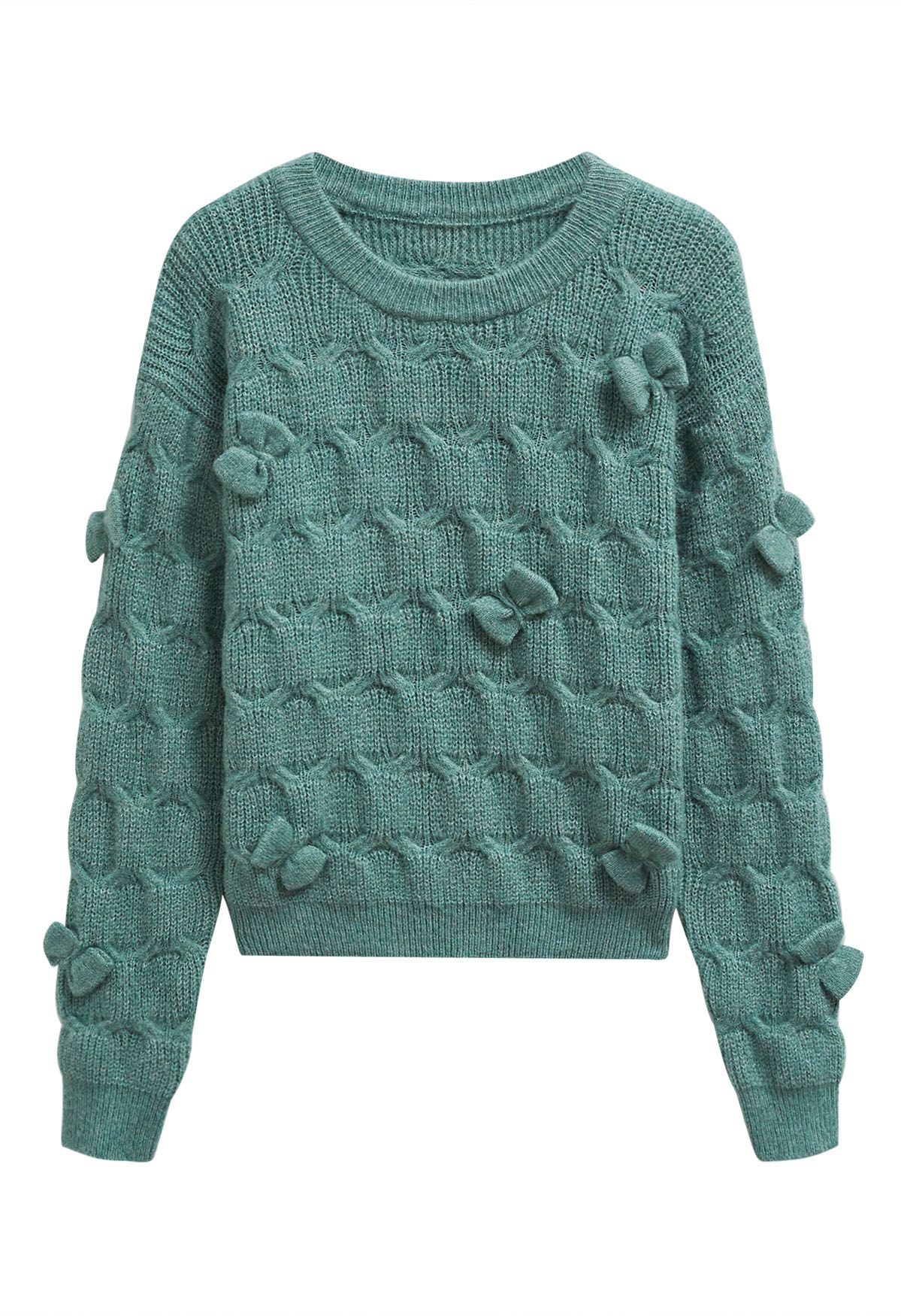 Playful Bow Geometric Textured Knit Sweater in Green