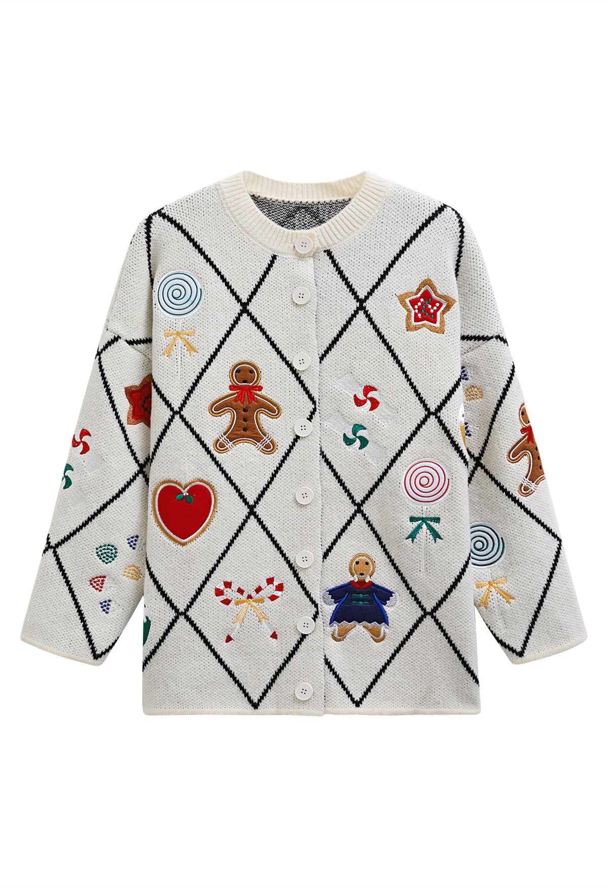 Cheer Christmas Gingerbread Buttoned Knit Cardigan in White