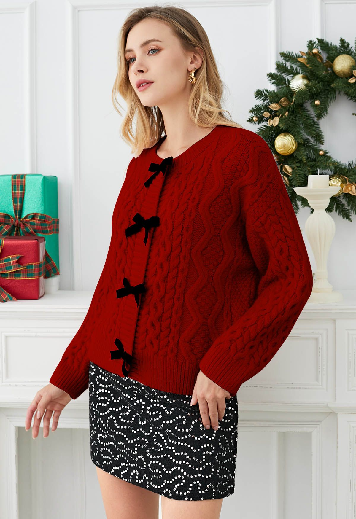 Bowknot Snap Button Braid Knit Cardigan in Red