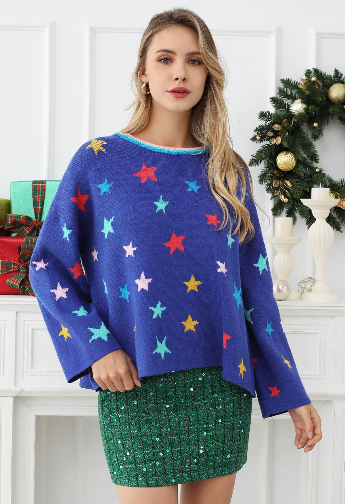 Cosmic Charm Star Bell Sleeve Knit Sweater in Royal Blue