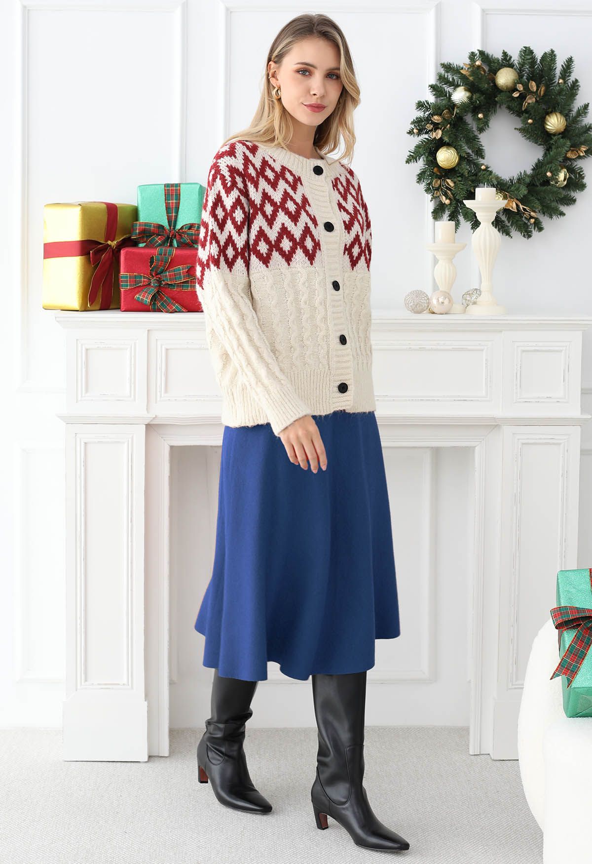 Solid Color A-Line Knit Midi Skirt in Indigo