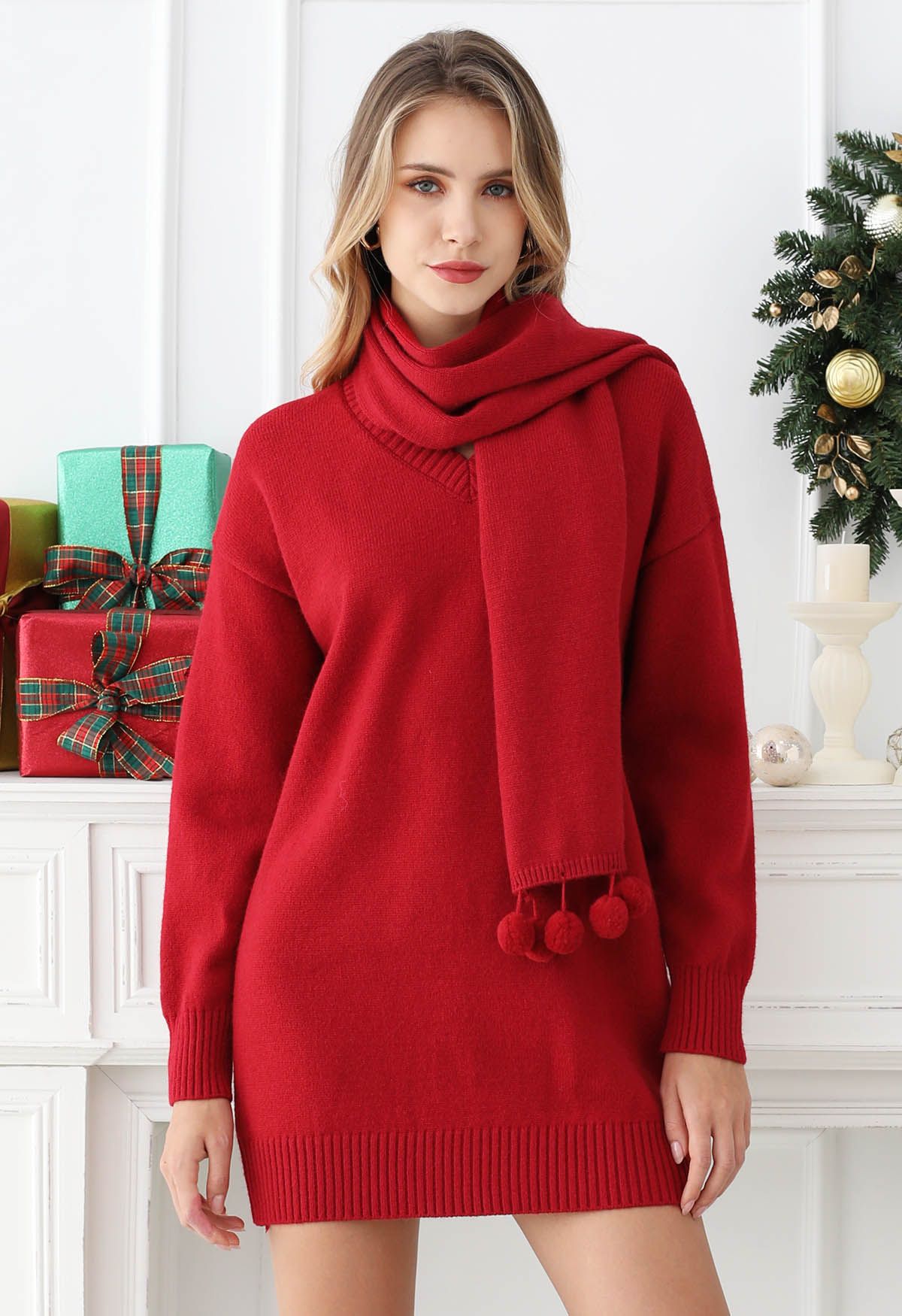 Cozy Red Dropped Shoulder Knit Sweater Dress with Pom Pom Scarf