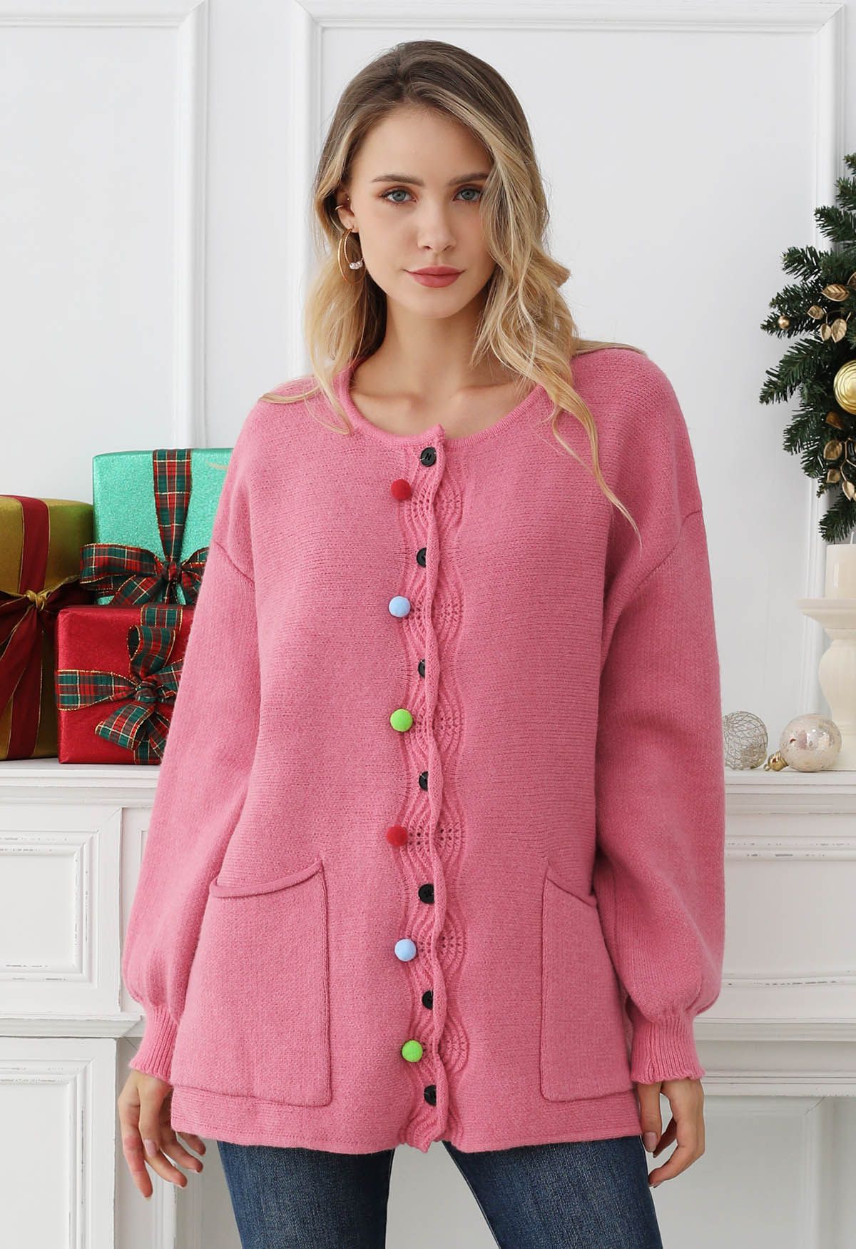 Colorful Pom-Pom Wavy Buttoned Patch Pocket Knit Cardigan in Pink