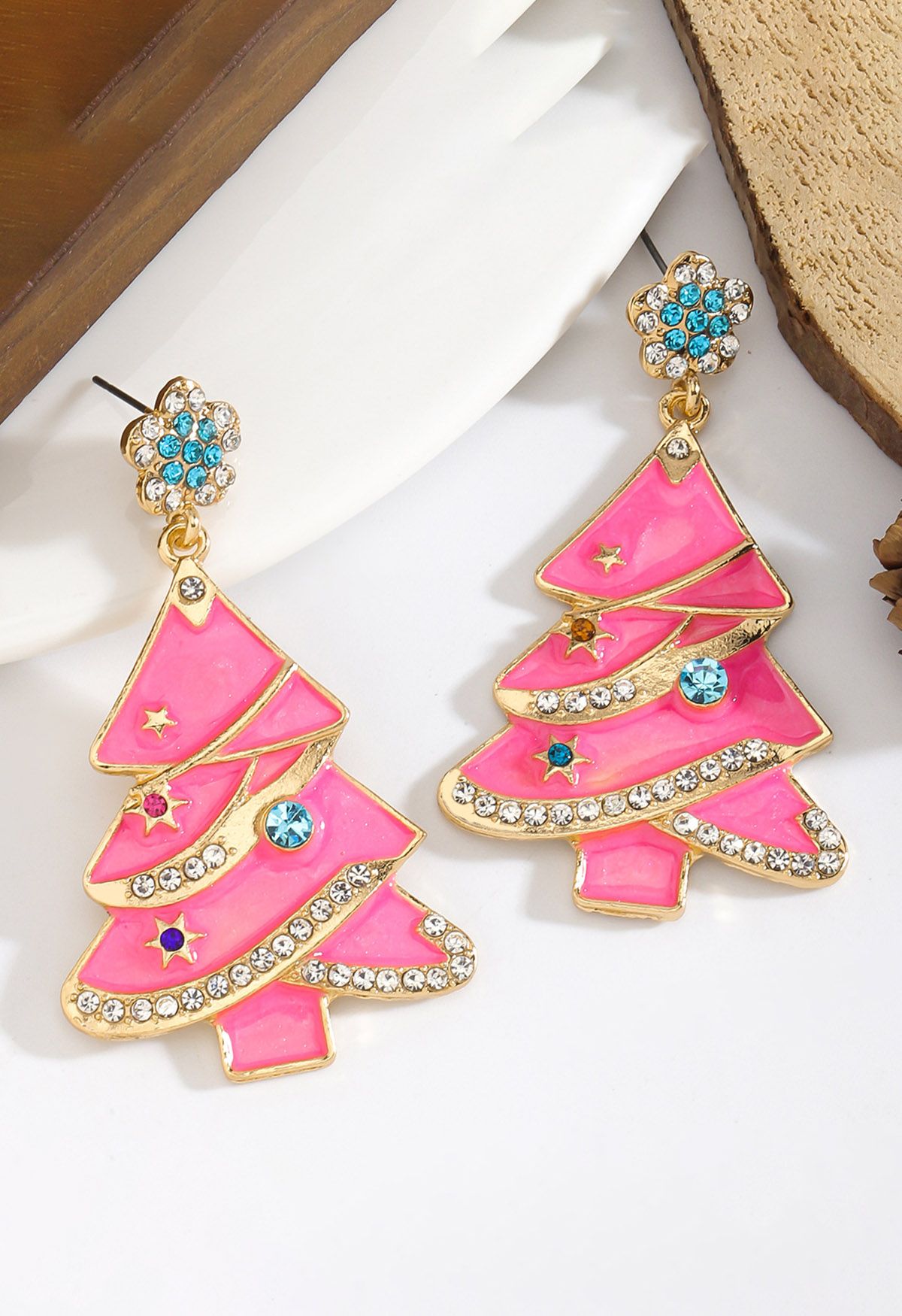 Shiny Pink Christmas Tree Earrings