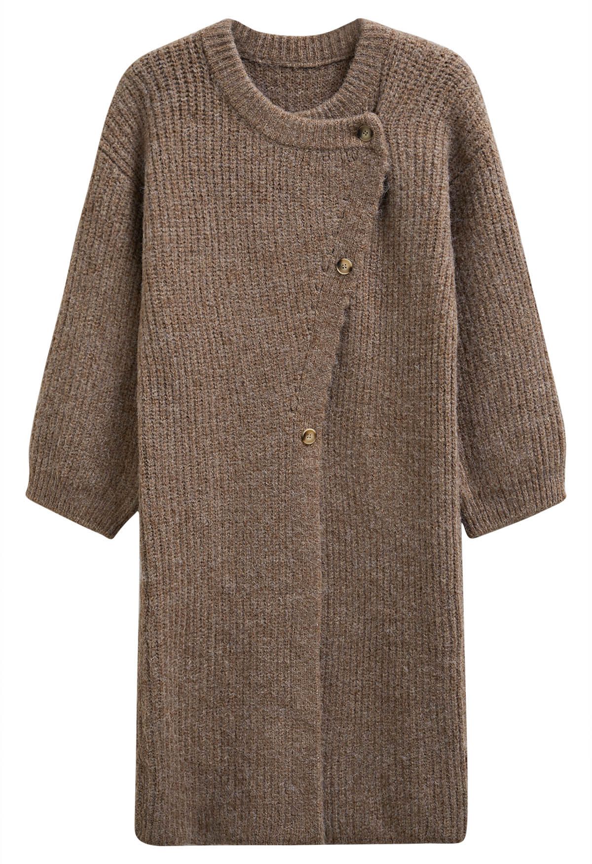 Warmth Wrapped Asymmetric Buttoned Knit Longline Cardigan in Brown