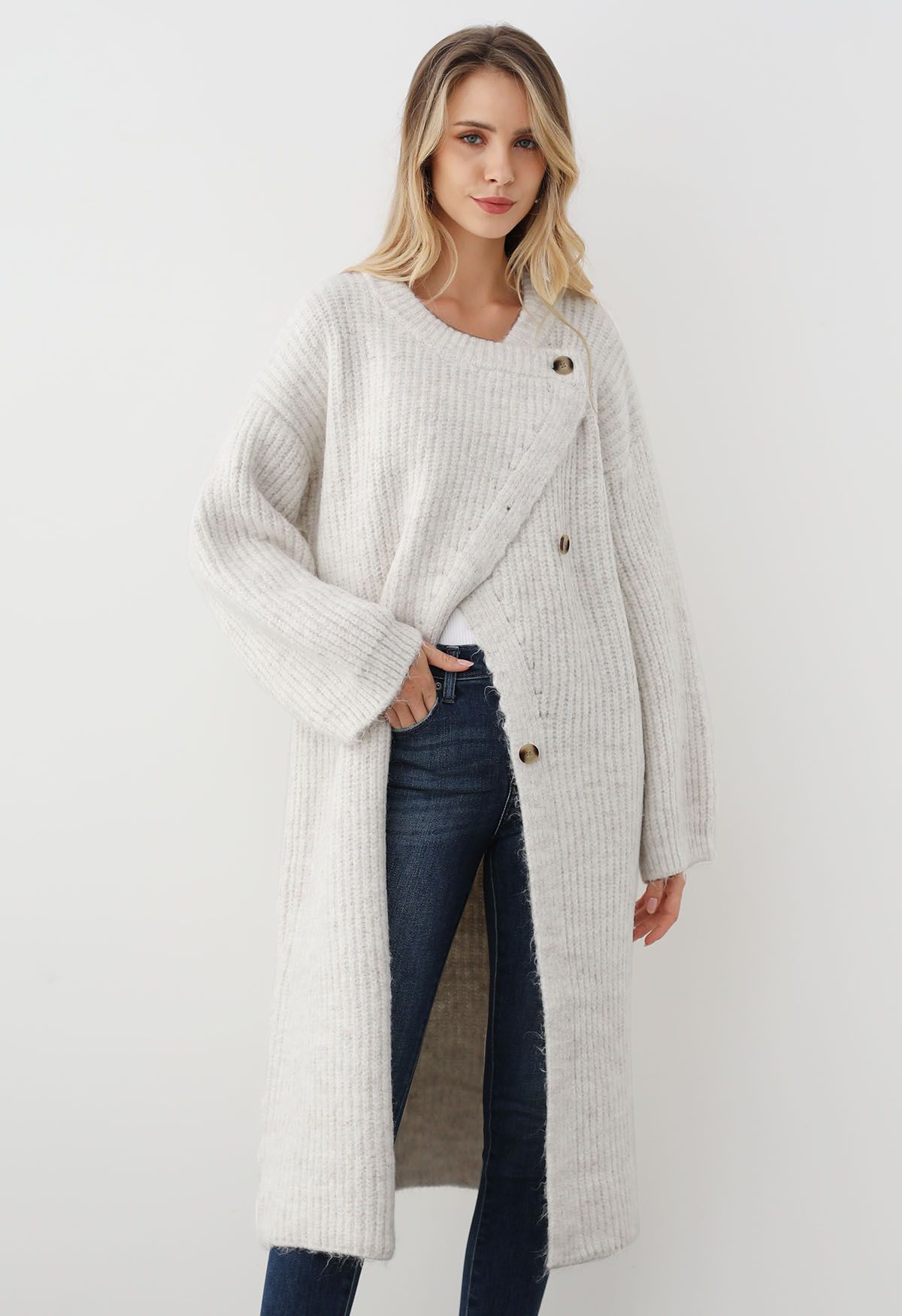 Warmth Wrapped Asymmetric Buttoned Knit Longline Cardigan in White