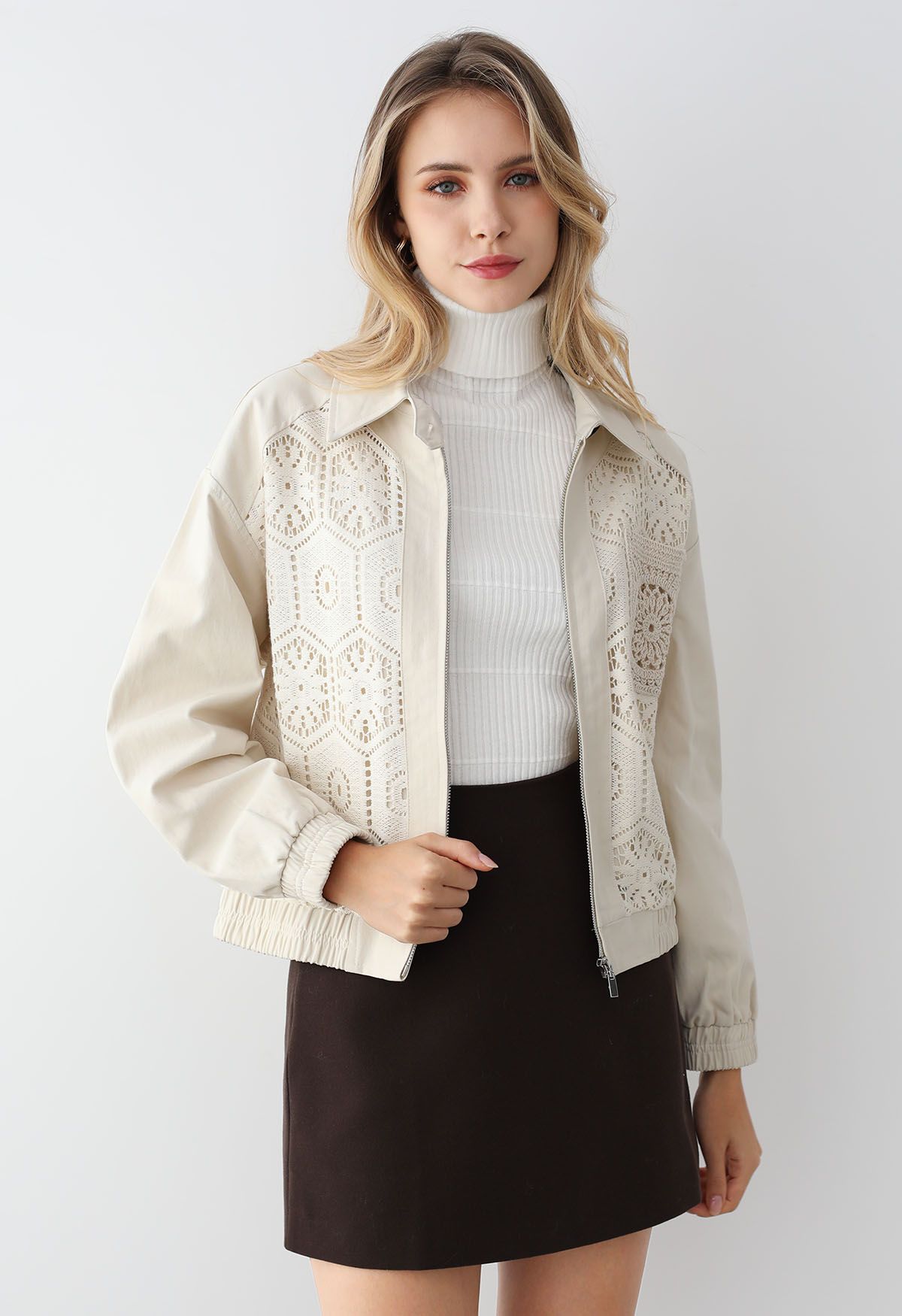 Zip Up Floral Cutwork Crochet Jacket