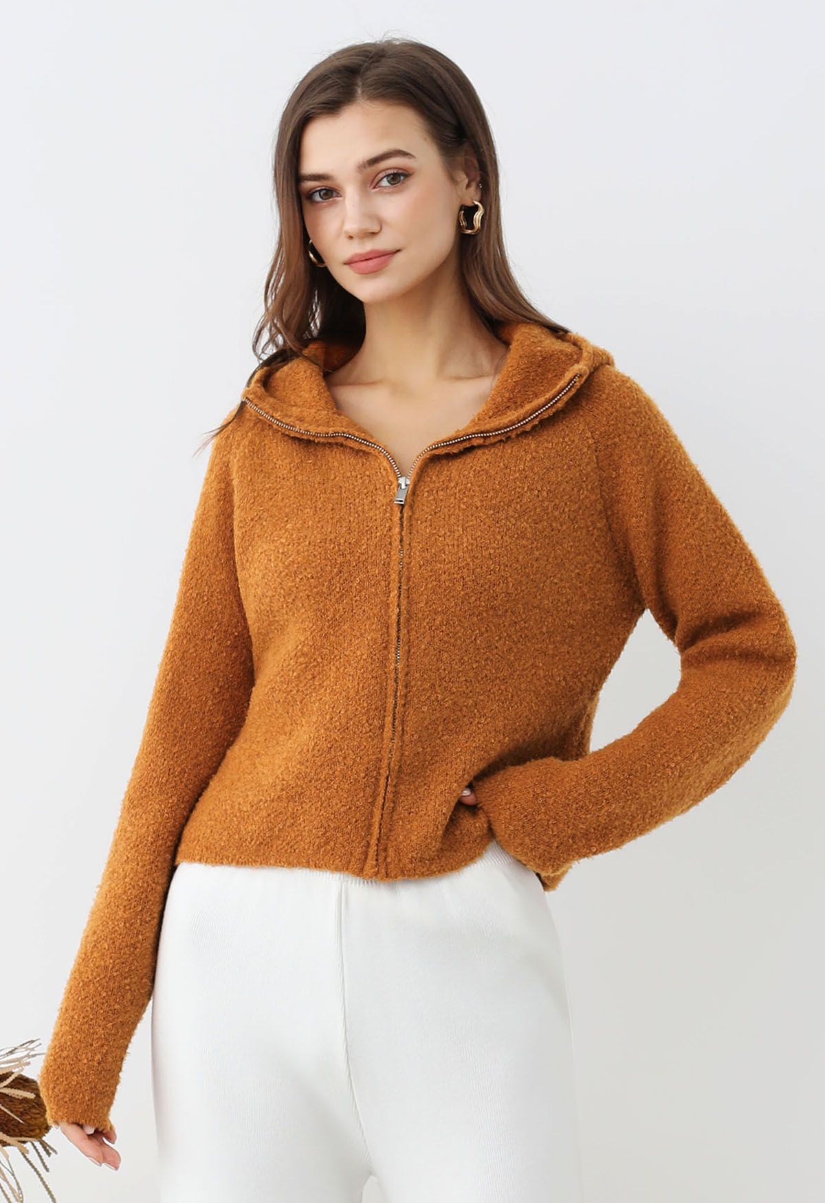 Winter Essentials Hooded Zip-Up Knit Cardigan in Orange