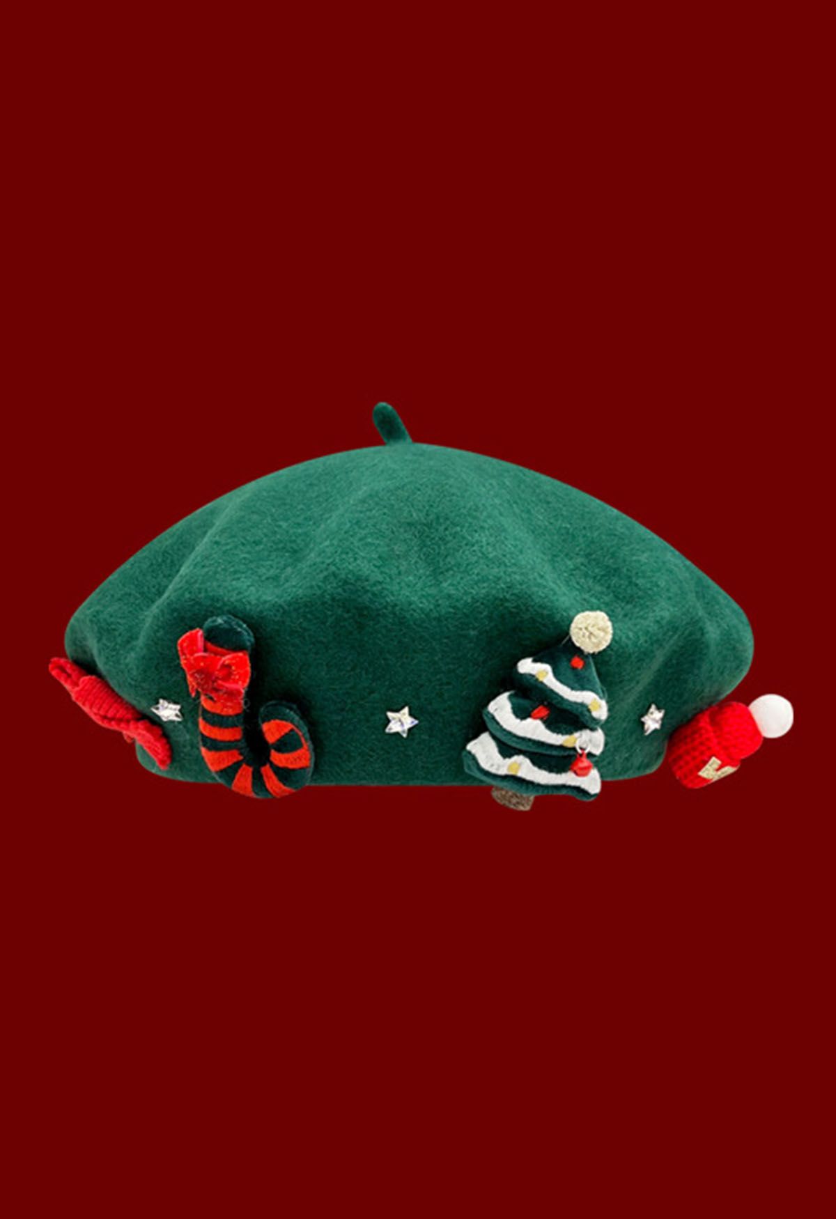 Christmas-Themed Wool-Blend Beret in Green