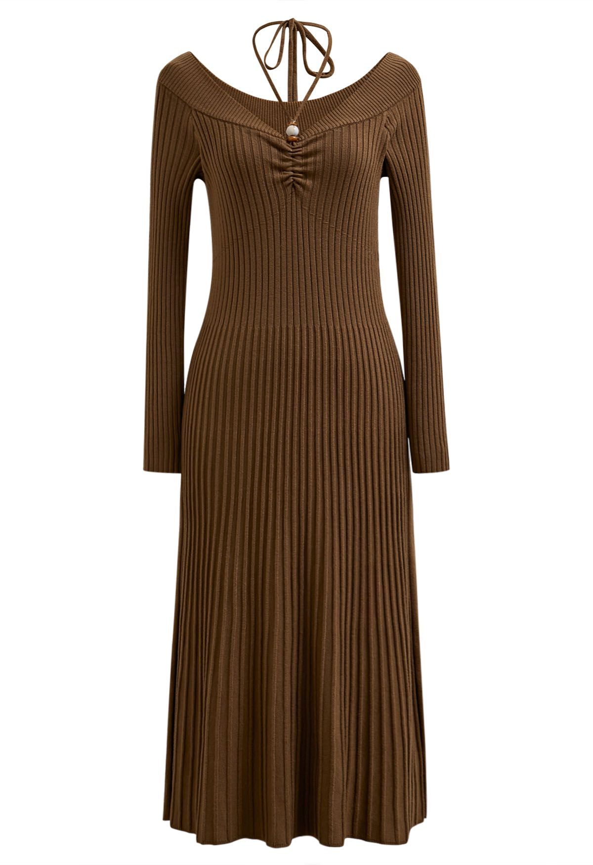 Self-Tie Halter Off-Shoulder Ribbed Knit Midi Dress in Caramel