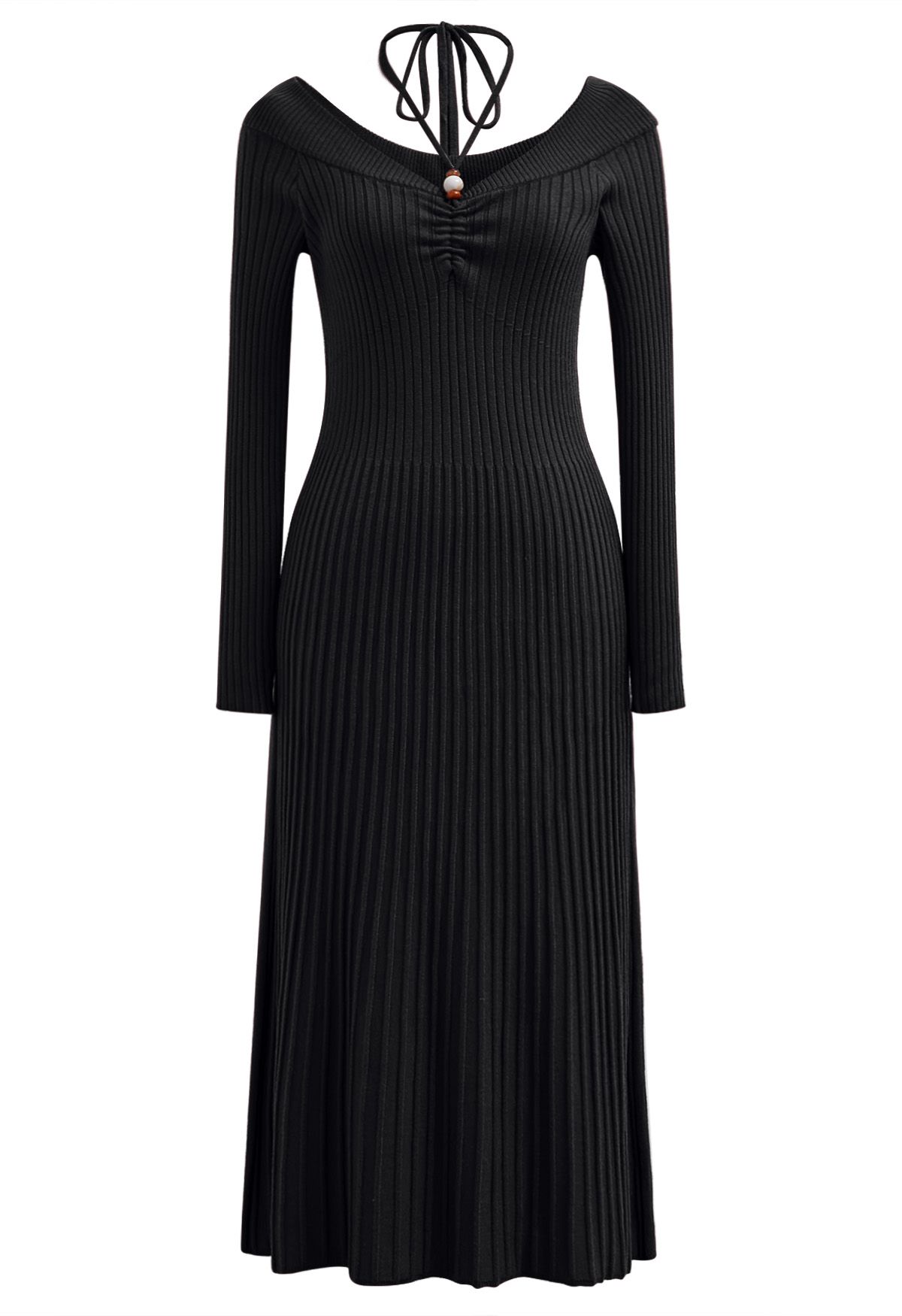 Self-Tie Halter Off-Shoulder Ribbed Knit Midi Dress in Black