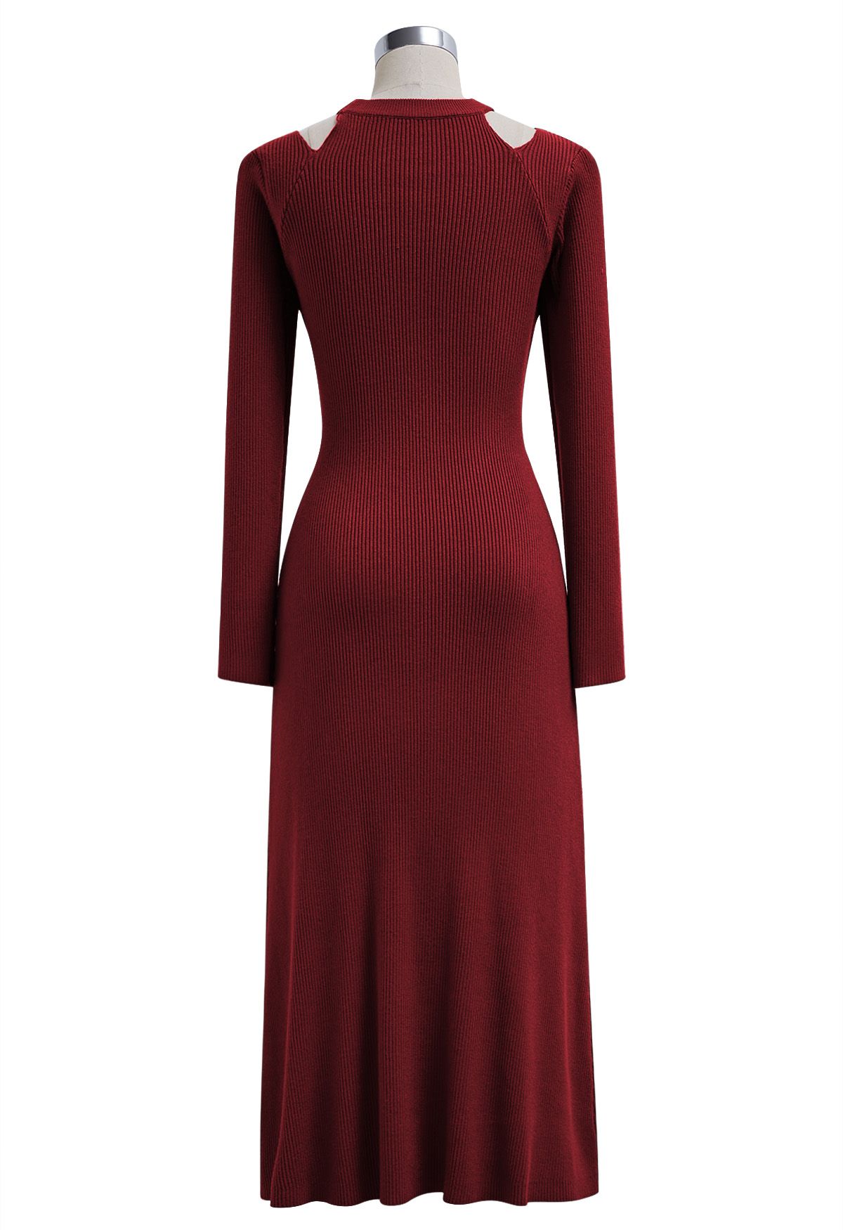 Cutout Shoulders Cross Front Knit Midi Dress in Red