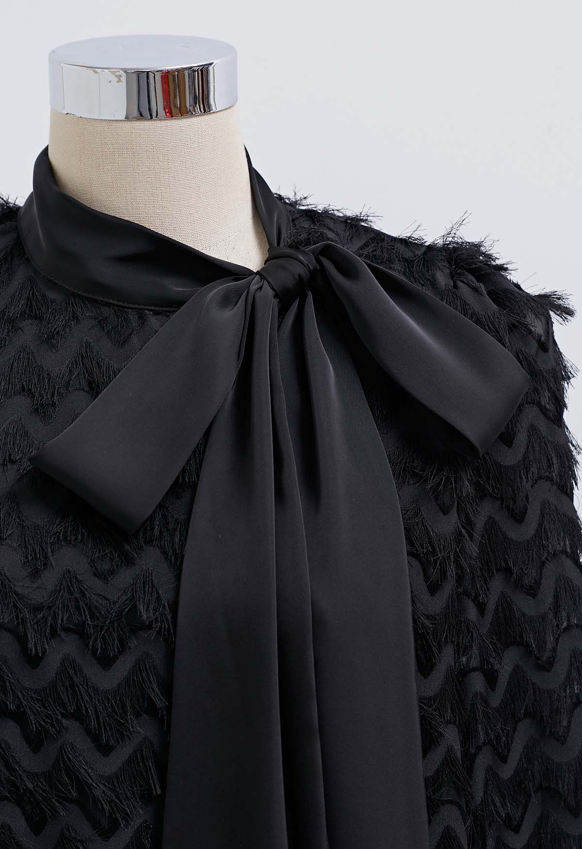 Satin Bowknot Wavy Tassel Overlay Shirt in Black