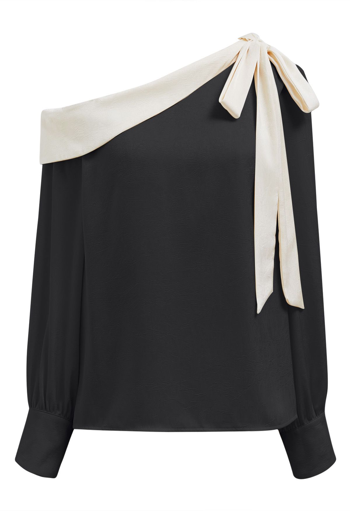 One-Shoulder Bowknot Flap Satin Top in Black