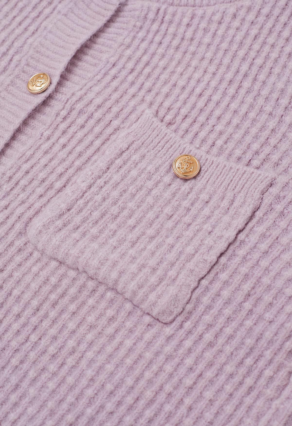 Embossed Dots Patch Pocket Buttoned Knit Cardigan in Lilac