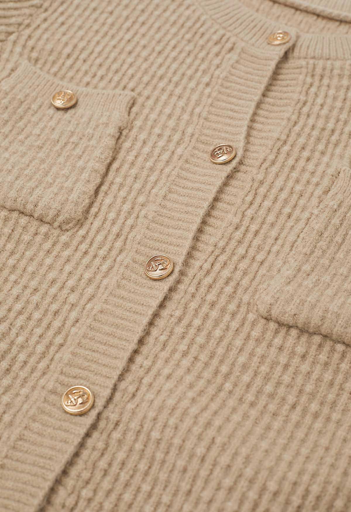 Embossed Dots Patch Pocket Buttoned Knit Cardigan in Camel