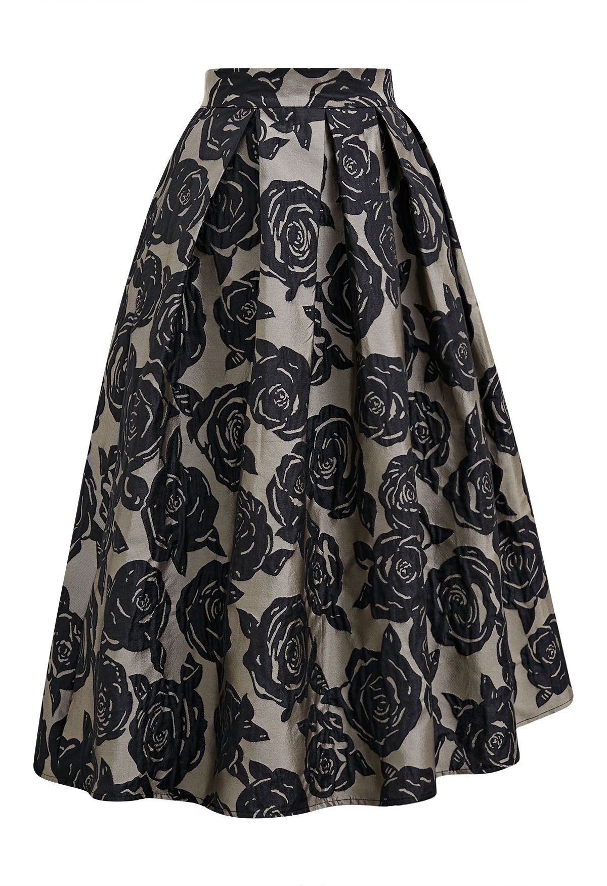 Embossed Rose Jacquard A-Line Pleated Midi Skirt in Black